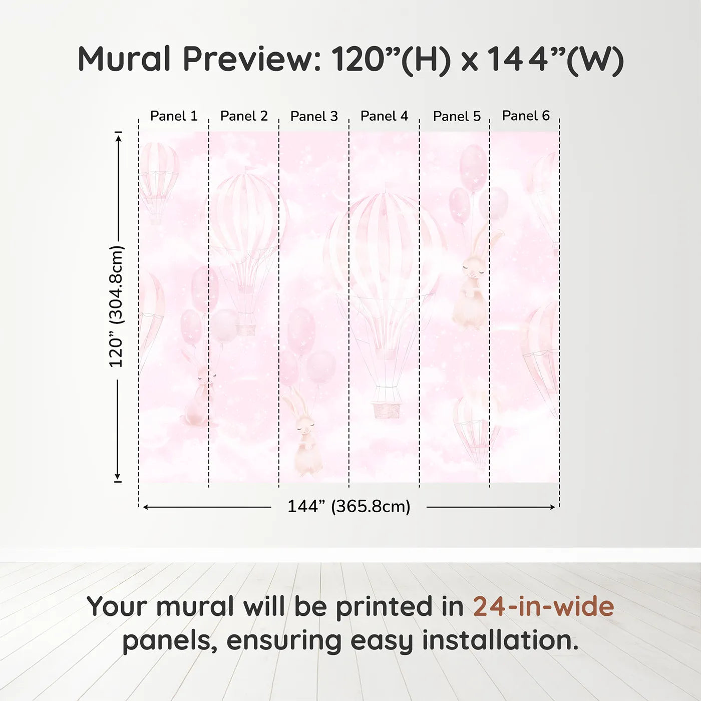 Whimsy Tots Pink Bunny Balloon Sky Wall Muraldimension view (120" H x 144" W). Printed in six 24-inch-wide panels. Best for Girls