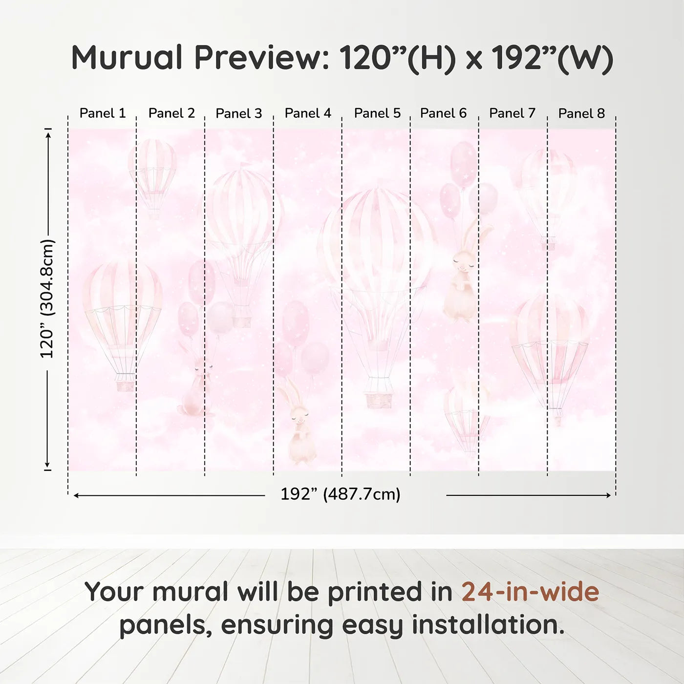 Whimsy Tots Pink Bunny Balloon Sky Wall Muraldimension view (120" H x 192" W). Printed in eight 24-inch-wide panels. Best for Girls