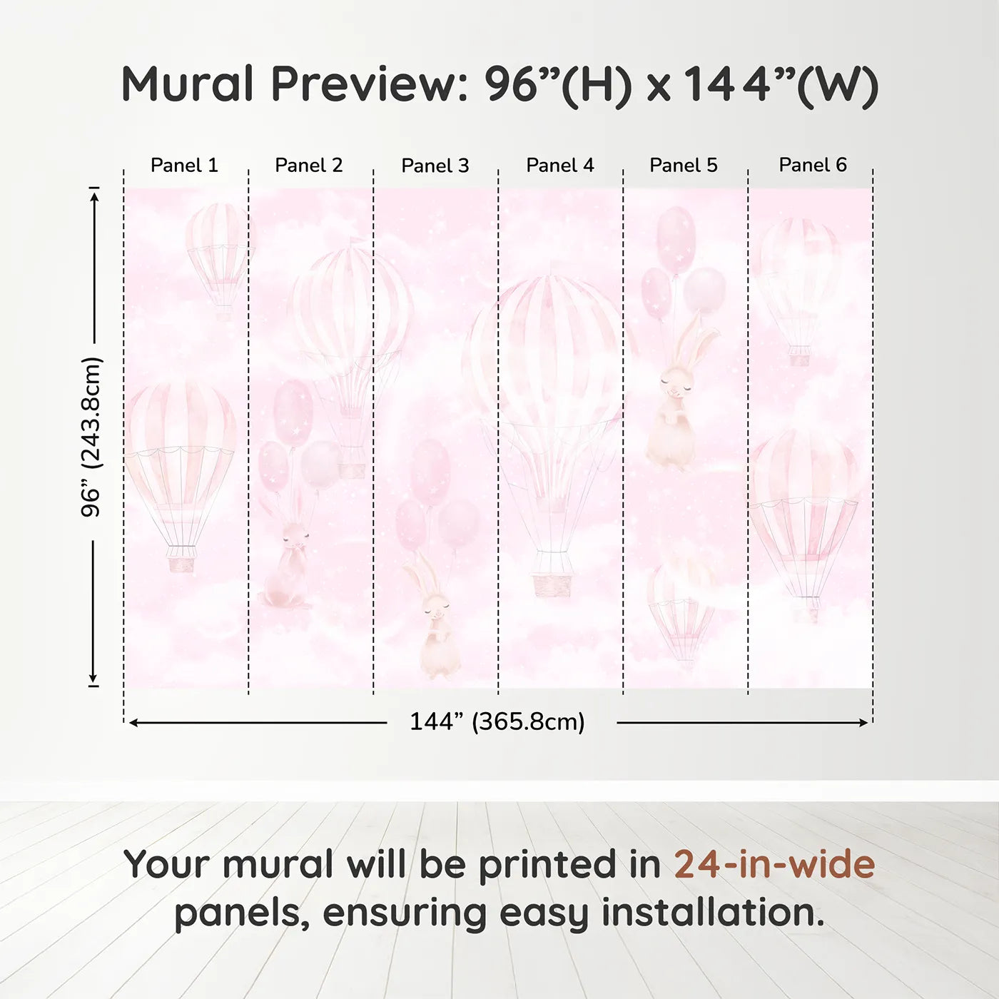 Whimsy Tots Pink Bunny Balloon Sky Wall Muraldimension view (96" H x 144" W). Printed in six 24-inch-wide panels. Best for Girls