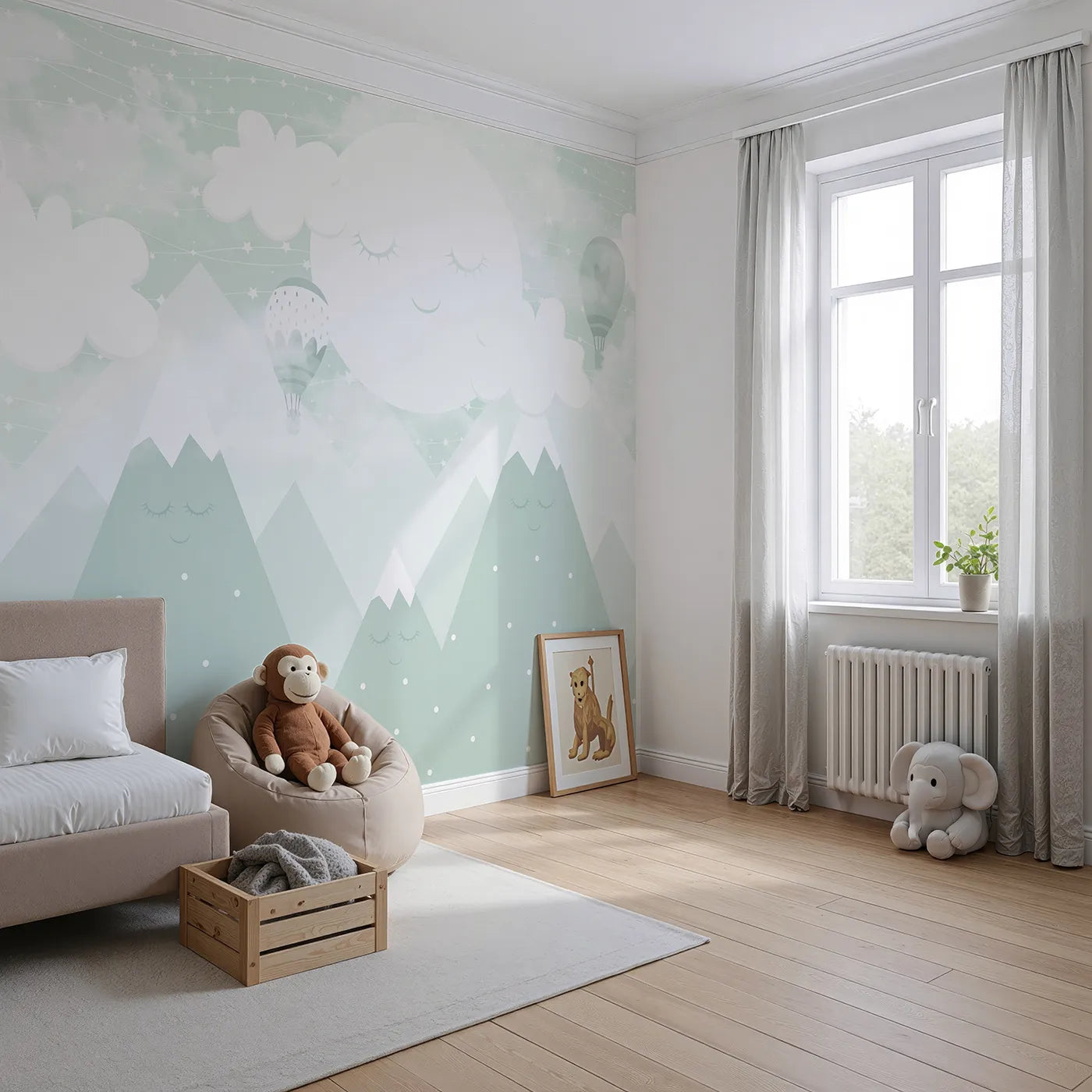 Angled view of Whimsy Tots' Sleeping Mountains Wall Mural in Green (Turn Their Room into a Land of Sleepy, Gentle Giants).Gender-Neutral