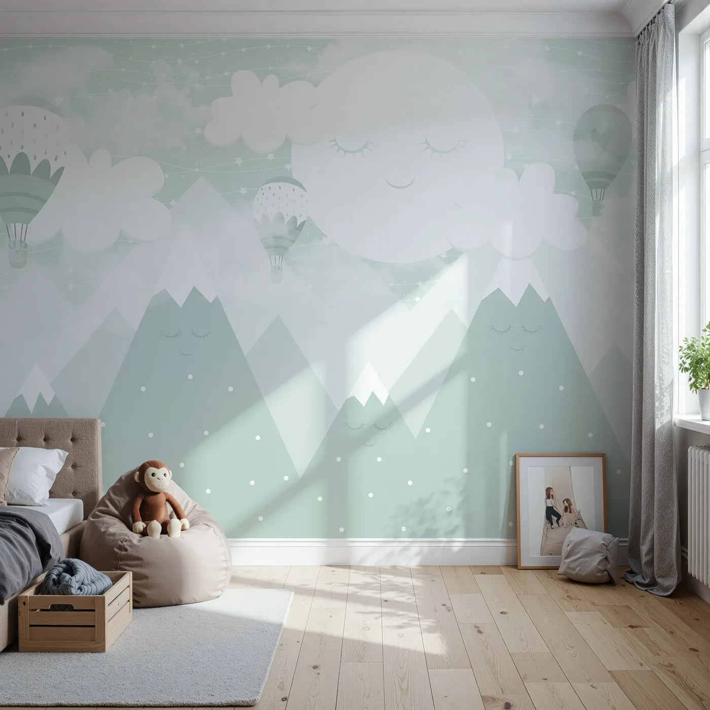 Front view of Whimsy Tots' Sleeping Mountains Wall Mural in Green