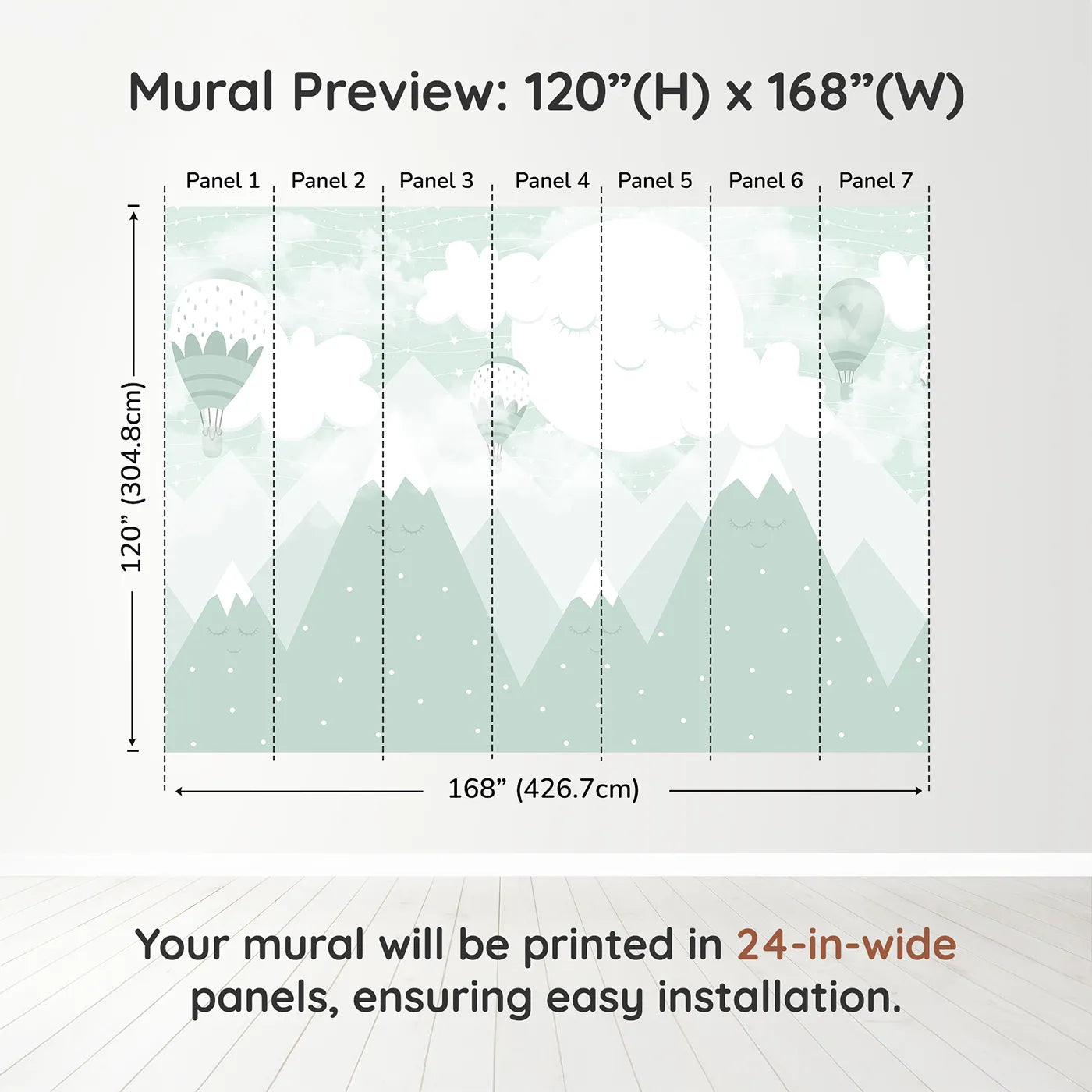 Whimsy Tots Sleeping Mountains Wall Mural in Greendimension view (120" H x 168" W). Printed in seven 24-inch-wide panels. Gender-Neutral