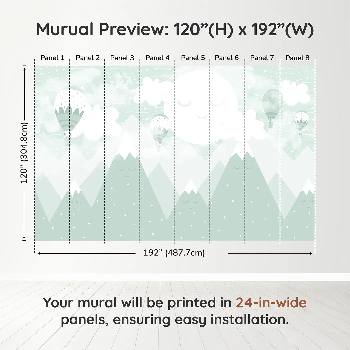 Whimsy Tots Sleeping Mountains Wall Mural in Greendimension view (120" H x 192" W). Printed in eight 24-inch-wide panels. Gender-Neutral
