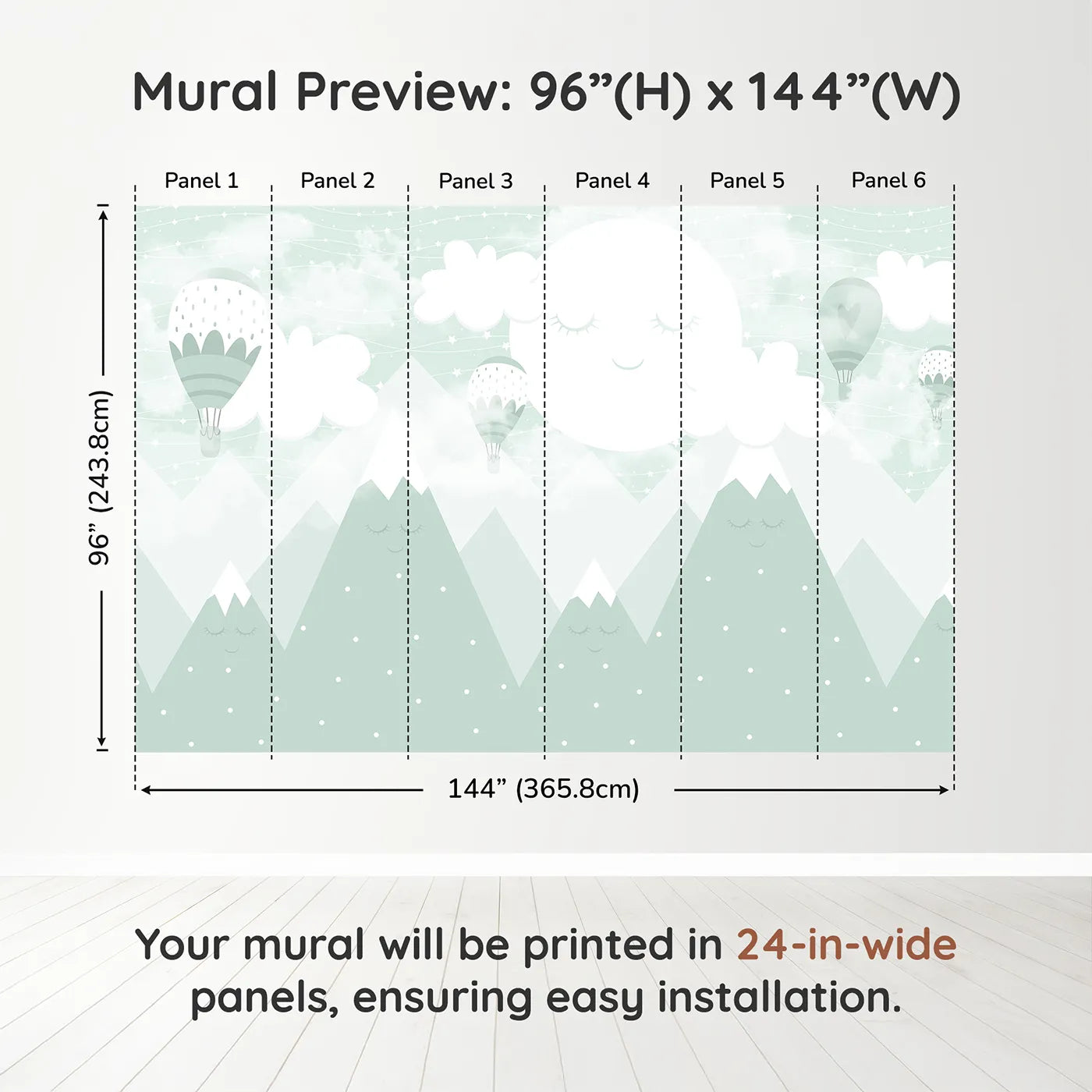 Whimsy Tots Sleeping Mountains Wall Mural in Greendimension view (96" H x 144" W). Printed in six 24-inch-wide panels. Gender-Neutral