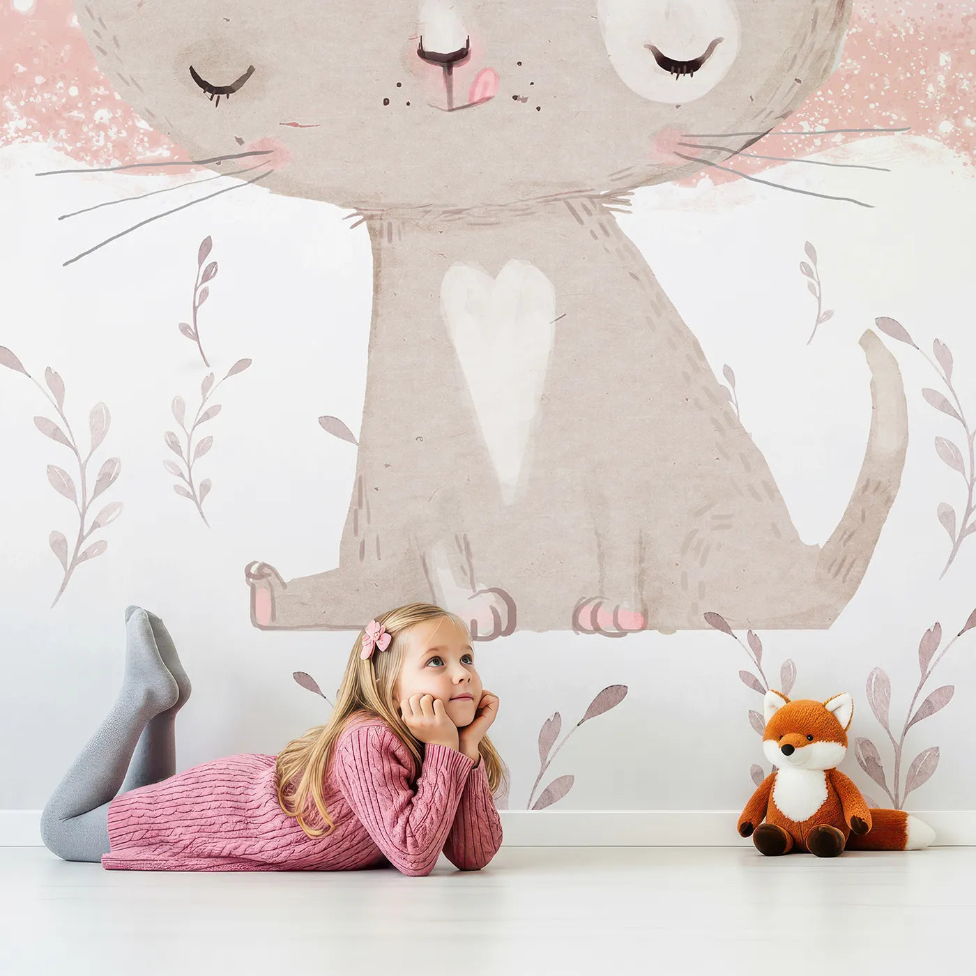 Child in front of Whimsy Tots Boho Cat with Flower Crown Wall Mural with cat, flower, boho, pink, cute, feather, crown, whimsical in design.