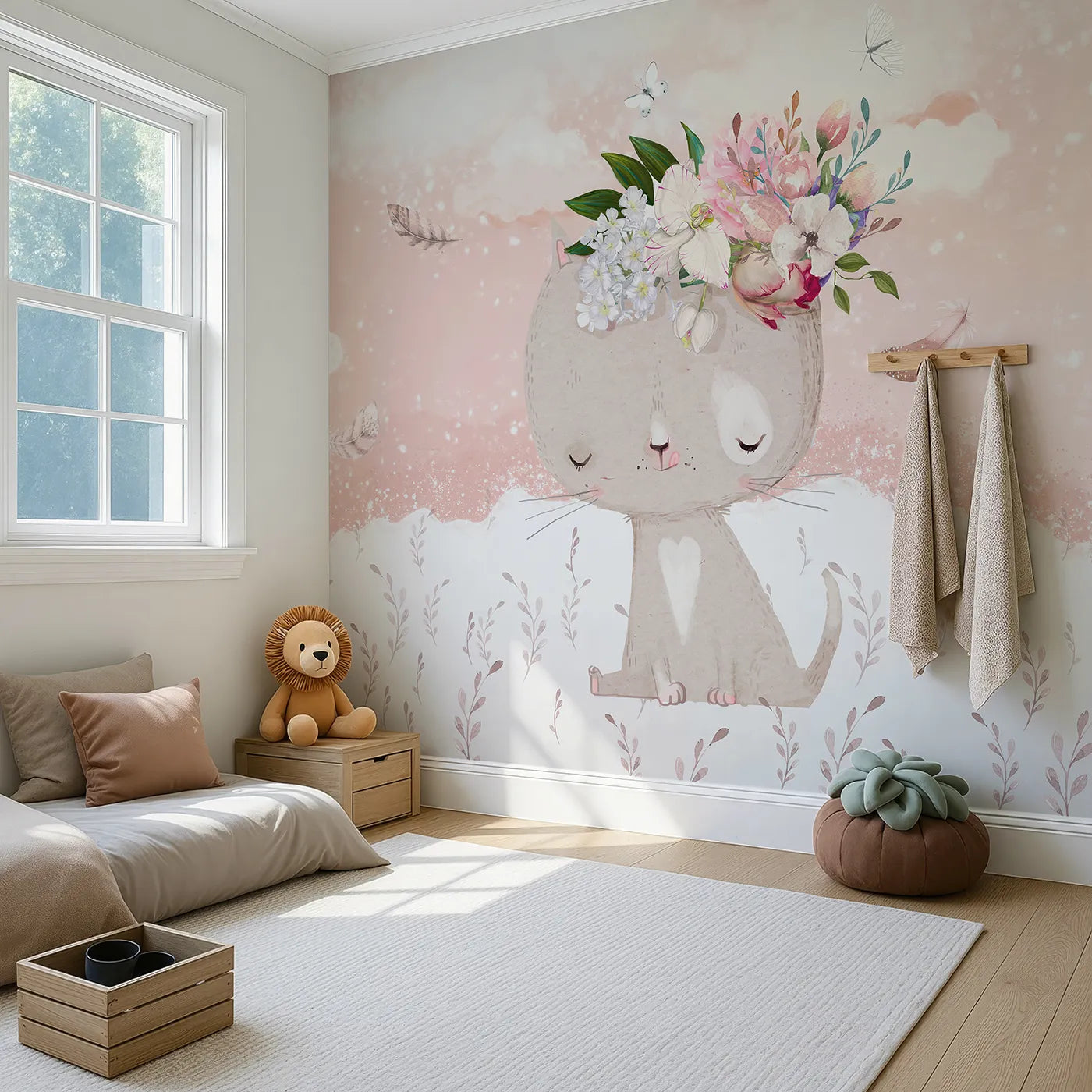 Angled view of Whimsy Tots' Boho Cat with Flower Crown Wall Mural (Turn Their Room into a Sweet and Stylish Dreamscape).Best for Girls