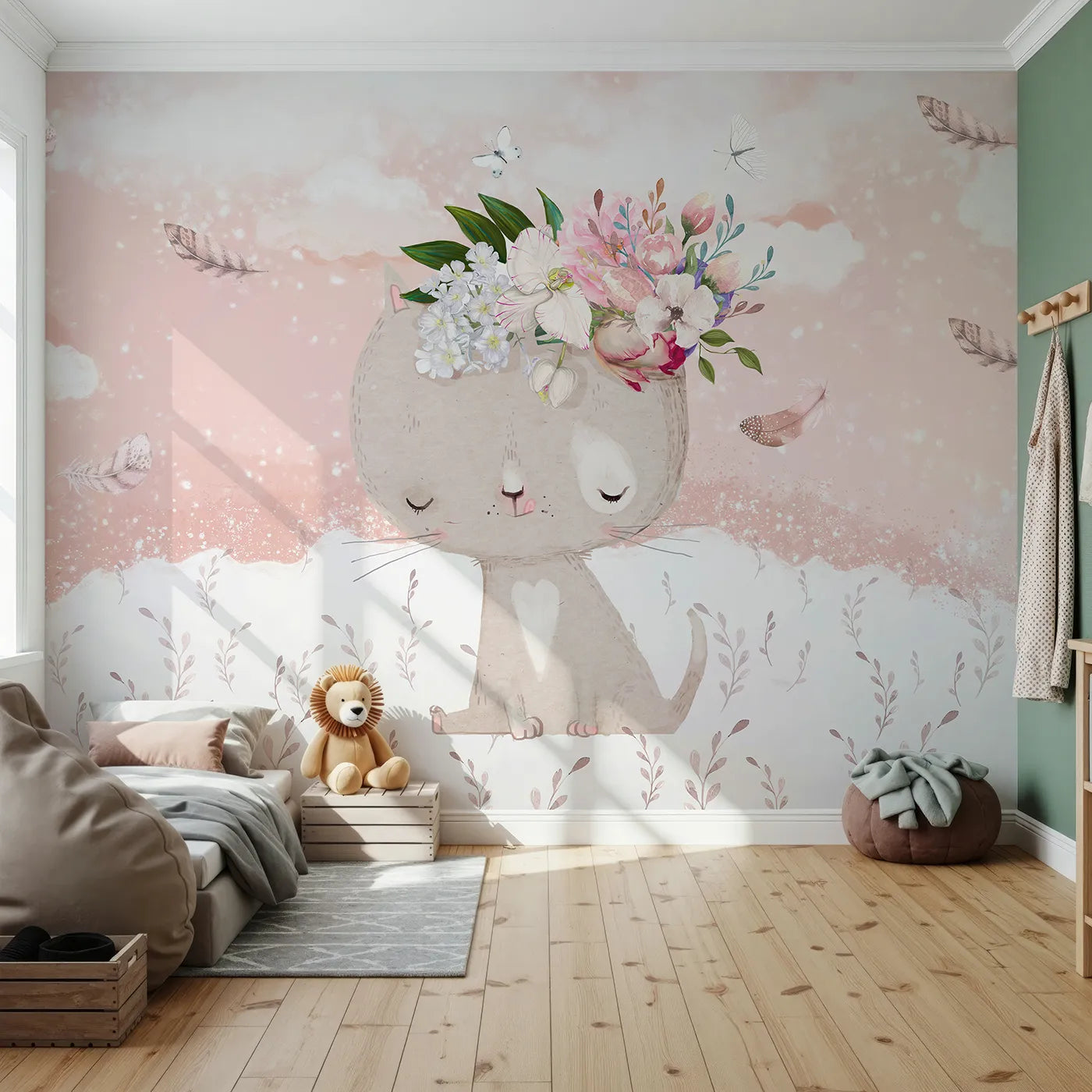 Front view of Whimsy Tots' Boho Cat with Flower Crown Wall Mural