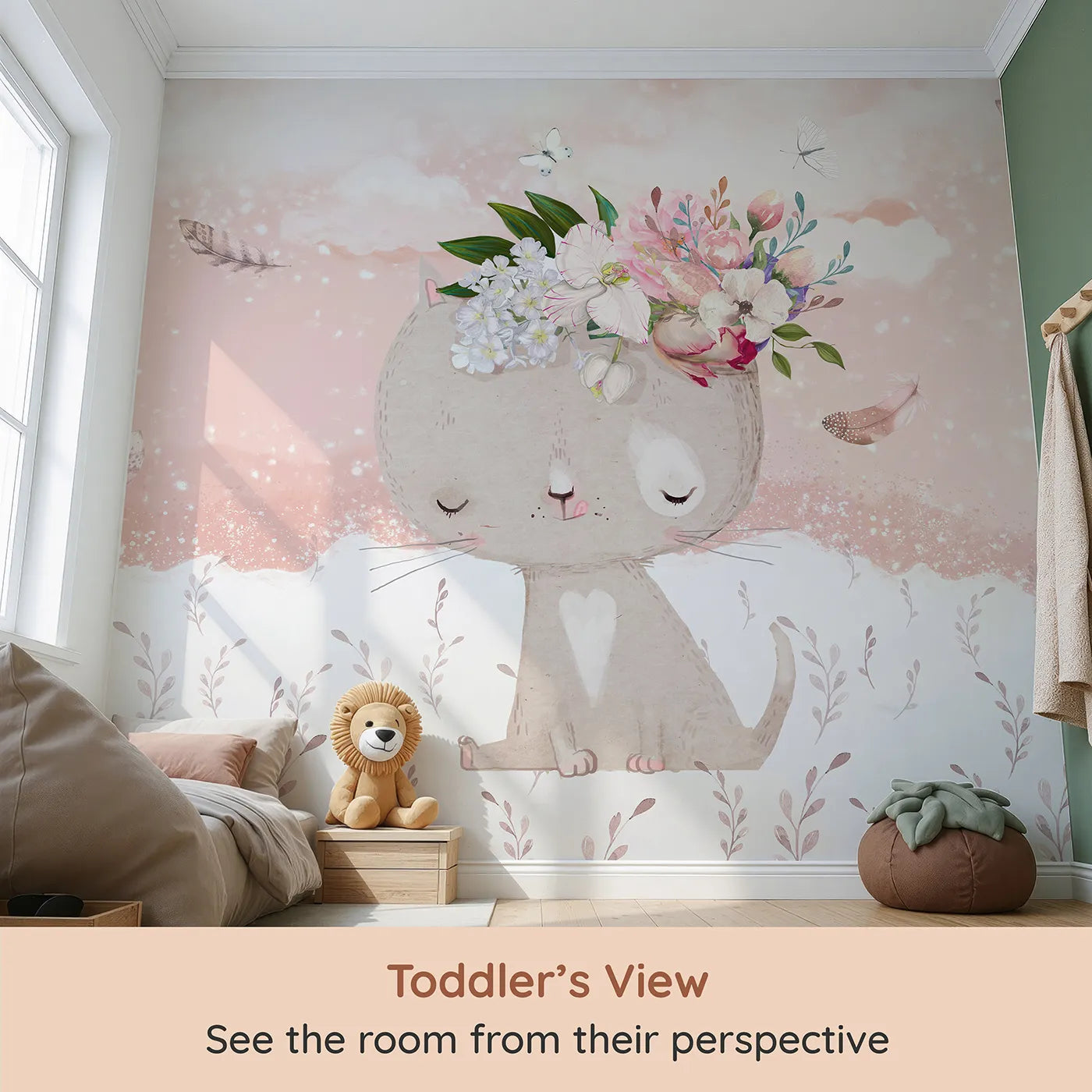 Whimsy Tots Boho Cat with Flower Crown Wall Mural (Turn Their Room into a Sweet and Stylish Dreamscape) from your child's view.Best for Girls