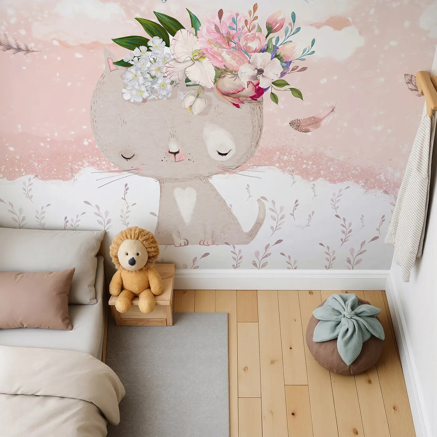 Top-down view of Whimsy Tots' Boho Cat with Flower Crown Wall Mural (Turn Their Room into a Sweet and Stylish Dreamscape).Best for Girls