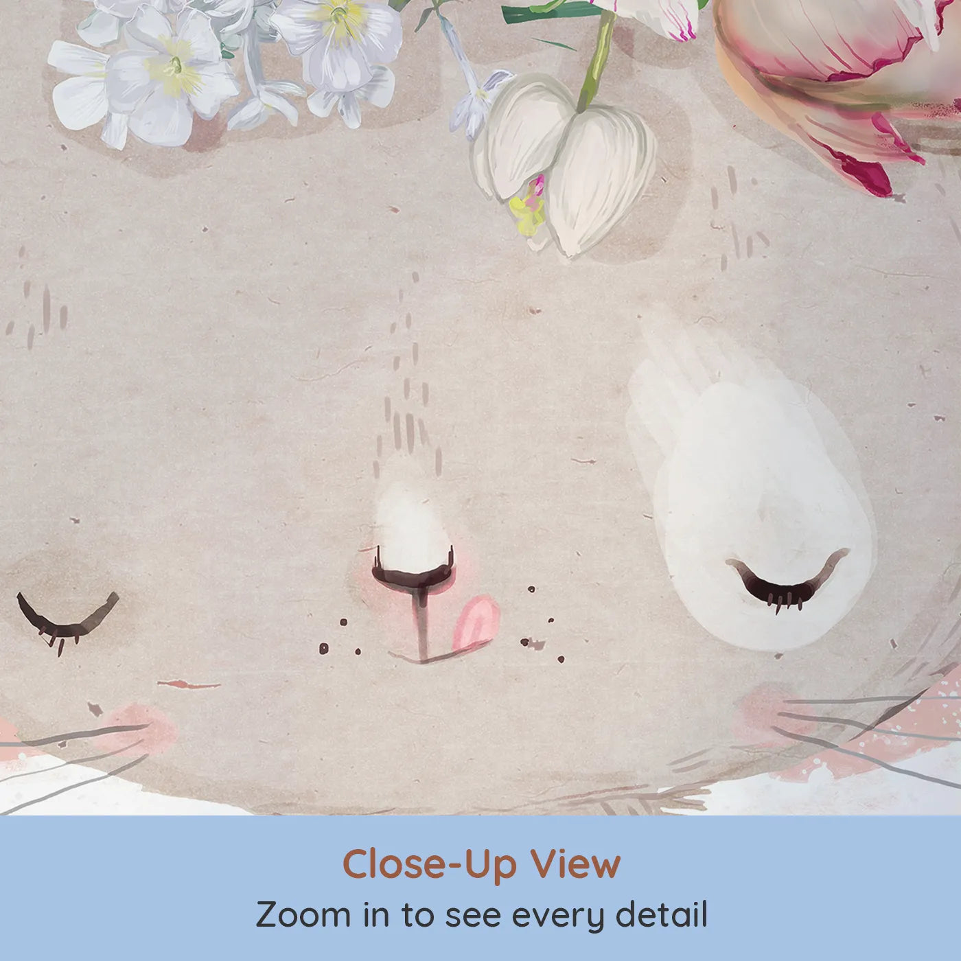 Close-up view of Whimsy Tots' Boho Cat with Flower Crown Wall Mural (Turn Their Room into a Sweet and Stylish Dreamscape).Best for Girls