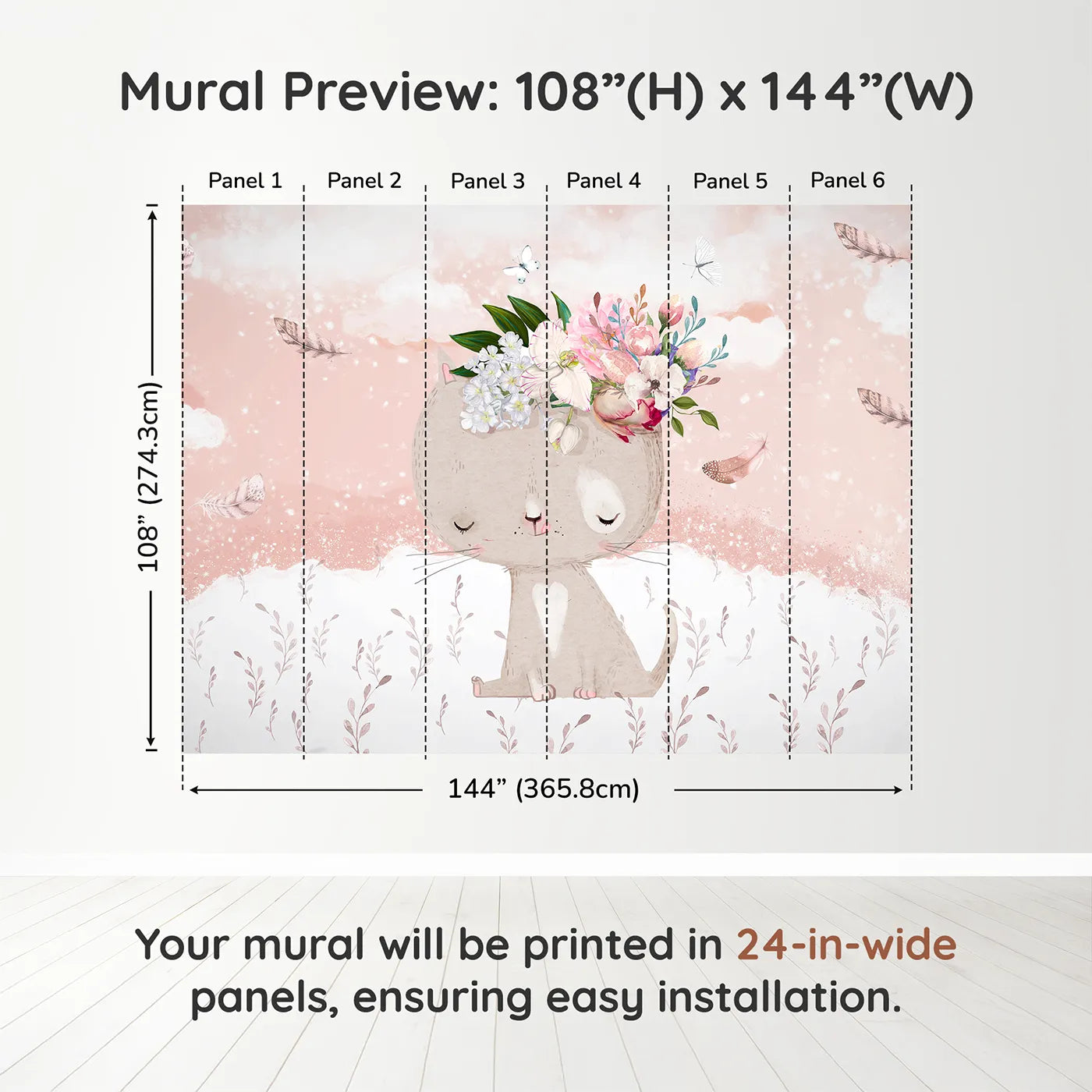 Whimsy Tots Boho Cat with Flower Crown Wall Muraldimension view (108" H x 144" W). Printed in six 24-inch-wide panels. Best for Girls