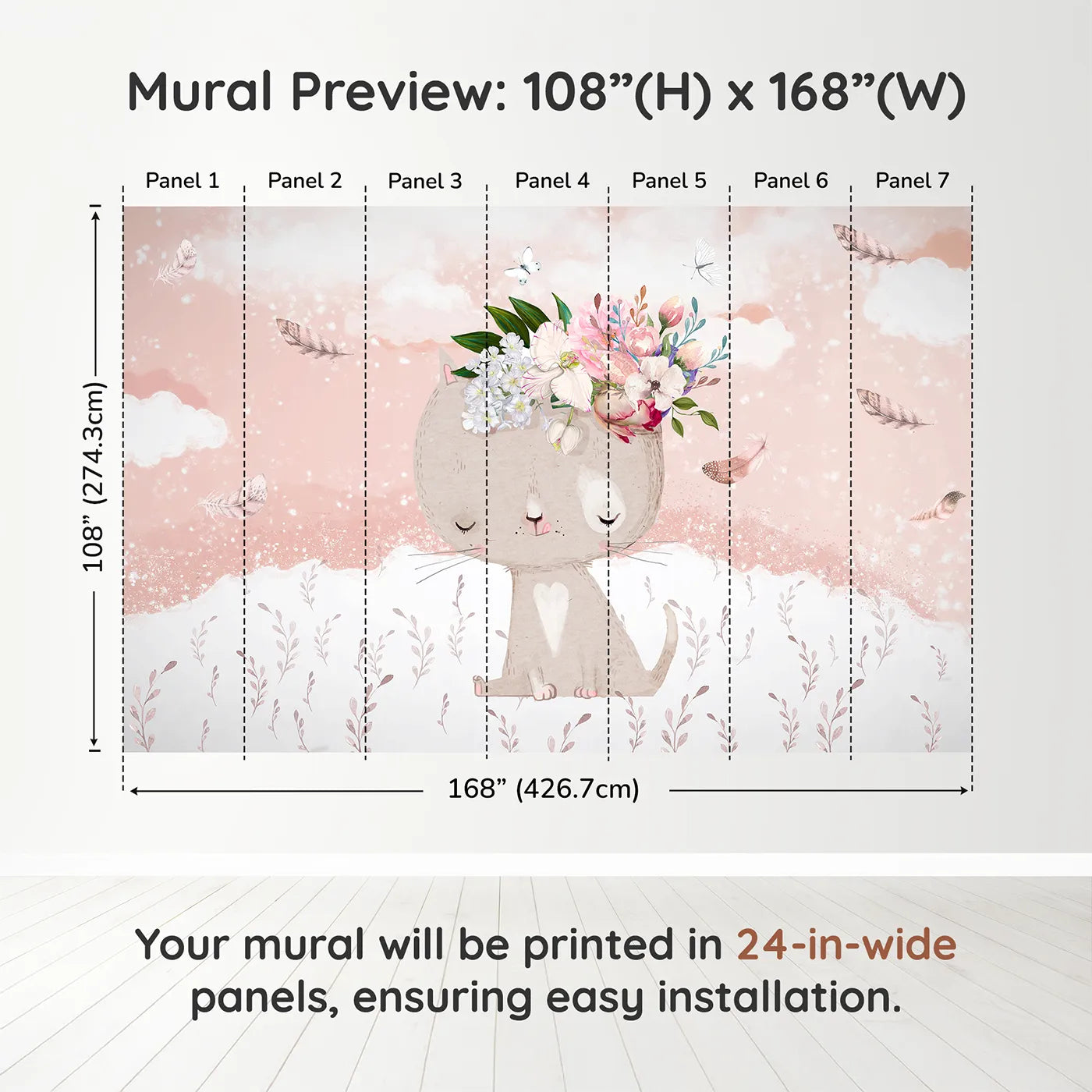 Whimsy Tots Boho Cat with Flower Crown Wall Muraldimension view (108" H x 168" W). Printed in seven 24-inch-wide panels. Best for Girls