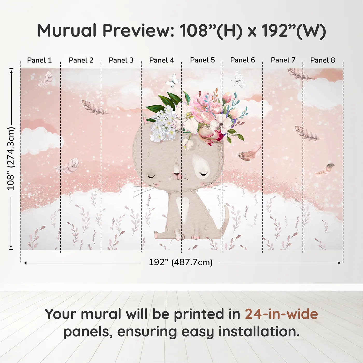 Whimsy Tots Boho Cat with Flower Crown Wall Muraldimension view (108" H x 192" W). Printed in eight 24-inch-wide panels. Best for Girls