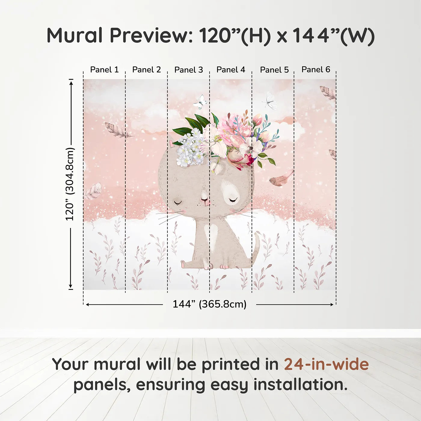 Whimsy Tots Boho Cat with Flower Crown Wall Muraldimension view (120" H x 144" W). Printed in six 24-inch-wide panels. Best for Girls