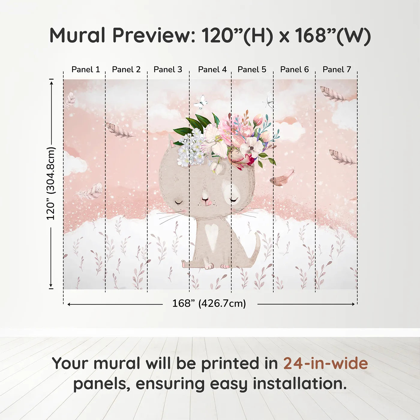 Whimsy Tots Boho Cat with Flower Crown Wall Muraldimension view (120" H x 168" W). Printed in seven 24-inch-wide panels. Best for Girls