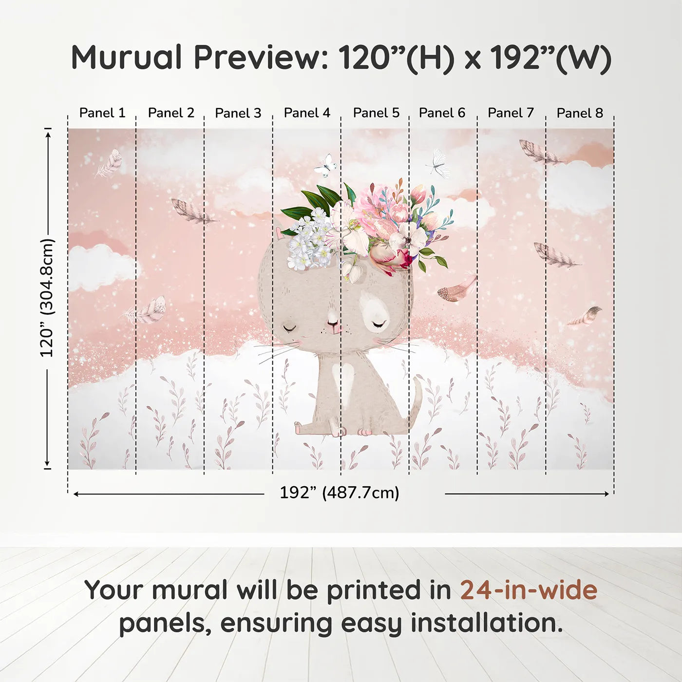 Whimsy Tots Boho Cat with Flower Crown Wall Muraldimension view (120" H x 192" W). Printed in eight 24-inch-wide panels. Best for Girls
