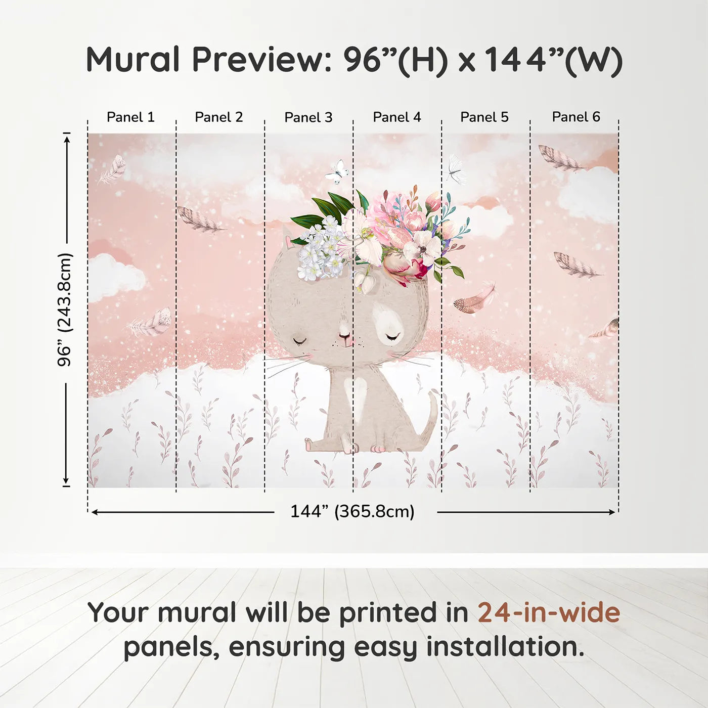 Whimsy Tots Boho Cat with Flower Crown Wall Muraldimension view (96" H x 144" W). Printed in six 24-inch-wide panels. Best for Girls