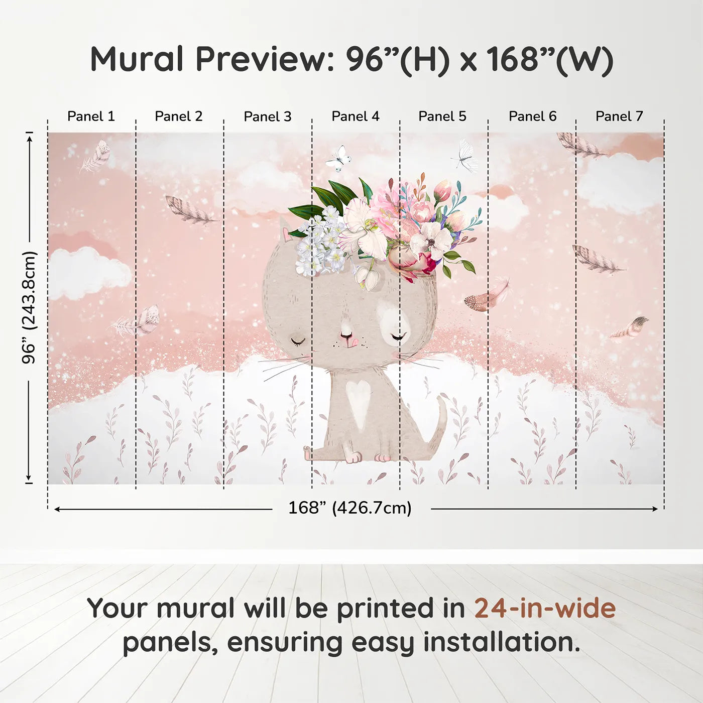 Whimsy Tots Boho Cat with Flower Crown Wall Muraldimension view (96" H x 168" W). Printed in seven 24-inch-wide panels. Best for Girls