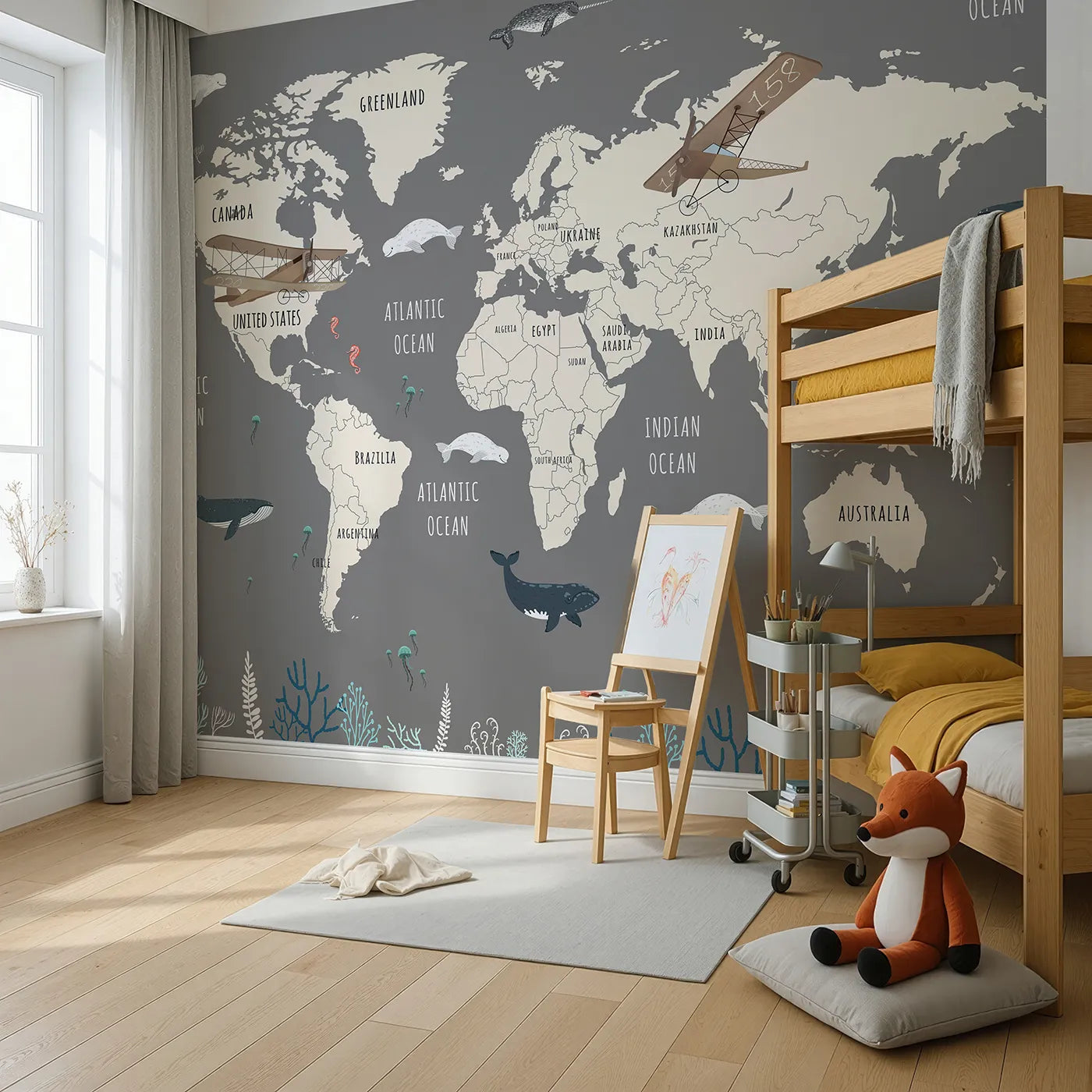 Angled view of Whimsy Tots' Vintage Whale Watcher World Map Wall Mural (Turn Their Room into an Old-World Ocean Expedition).Gender-Neutral