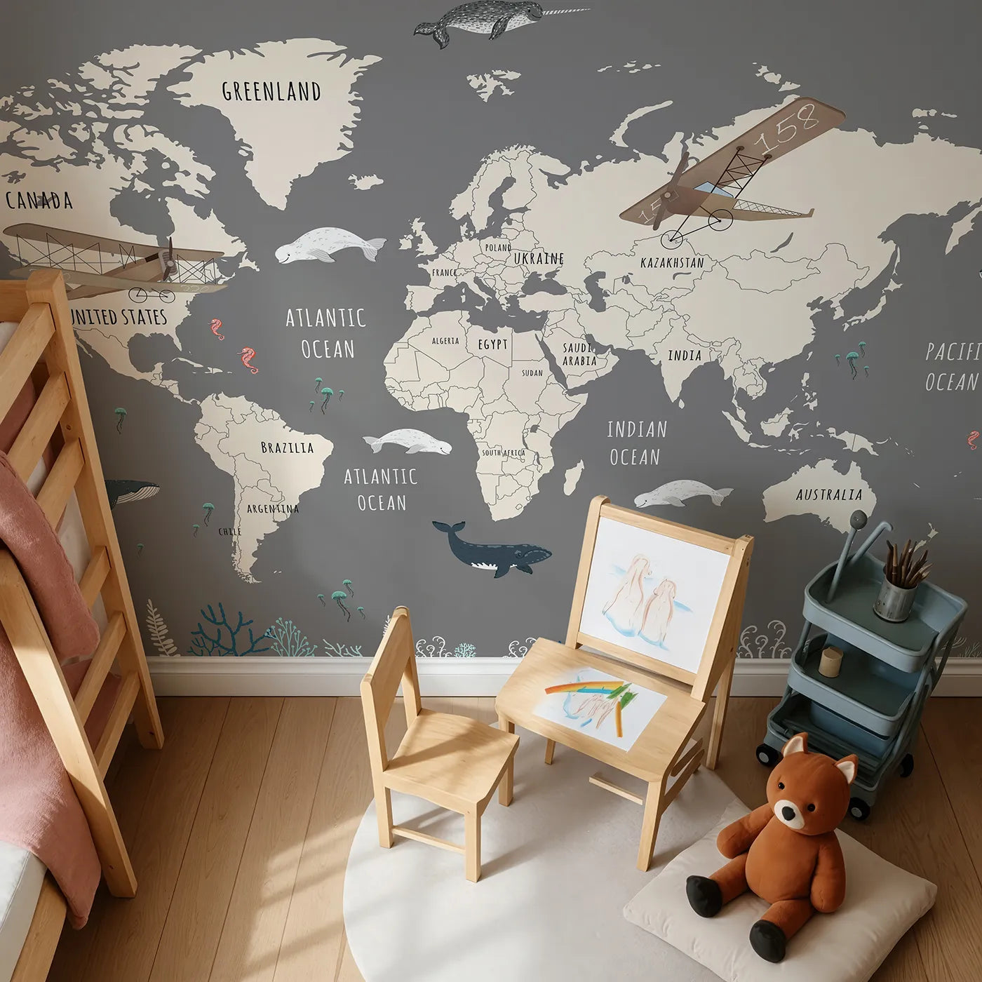 Top-down view of Whimsy Tots' Vintage Whale Watcher World Map Wall Mural (Turn Their Room into an Old-World Ocean Expedition).Gender-Neutral