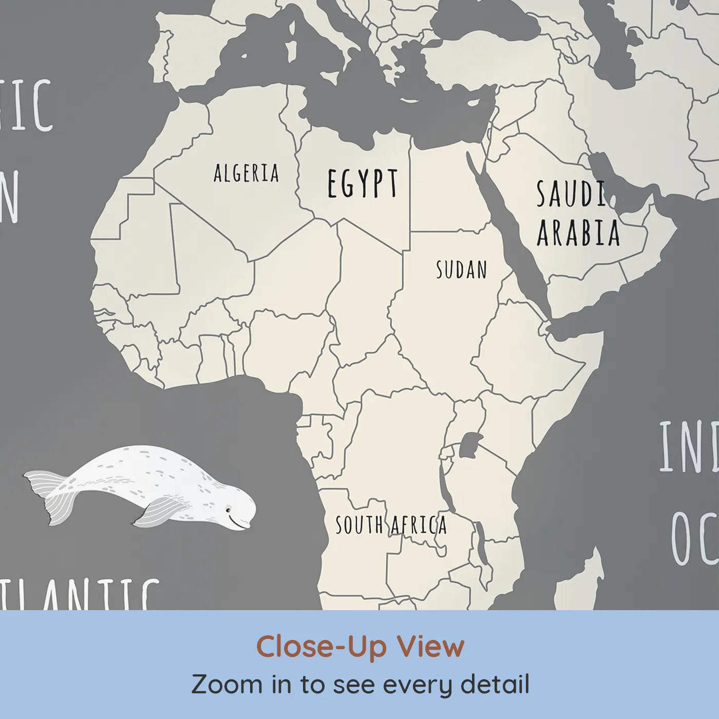 Close-up view of Whimsy Tots' Vintage Whale Watcher World Map Wall Mural (Turn Their Room into an Old-World Ocean Expedition).Gender-Neutral
