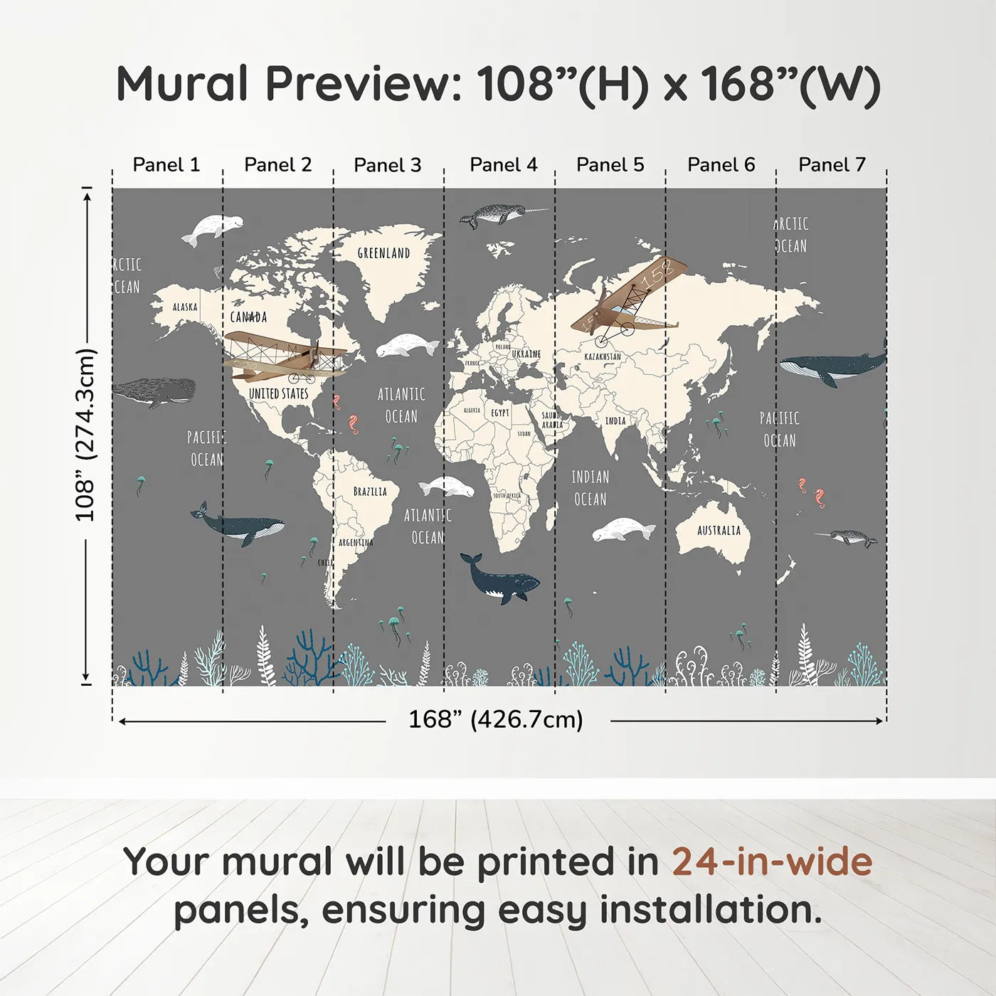 Whimsy Tots Vintage Whale Watcher World Map Wall Muraldimension view (108" H x 168" W). Printed in seven 24-inch-wide panels. Gender-Neutral