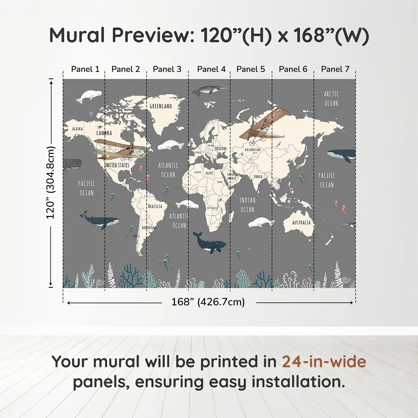 Whimsy Tots Vintage Whale Watcher World Map Wall Muraldimension view (120" H x 168" W). Printed in seven 24-inch-wide panels. Gender-Neutral