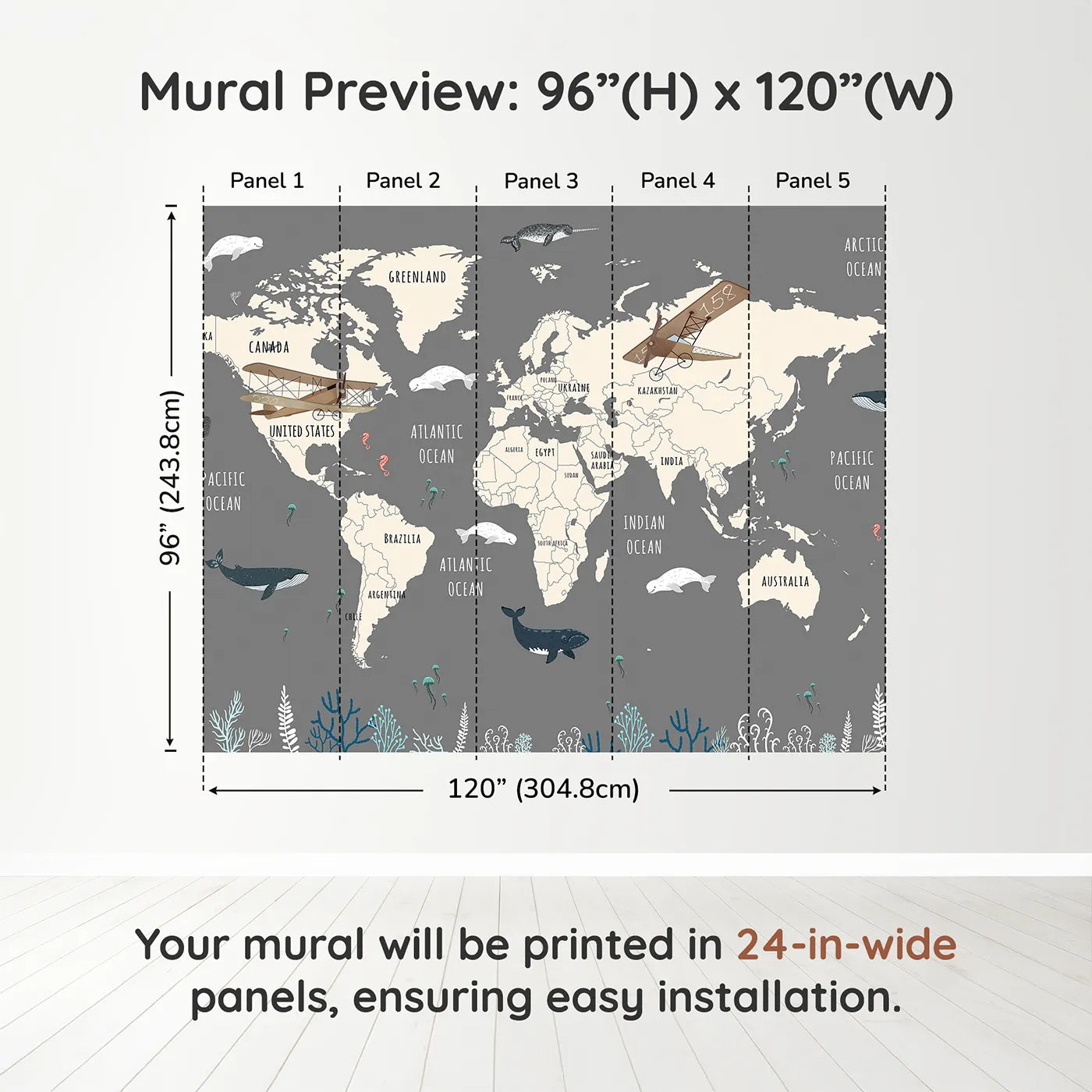 Whimsy Tots Vintage Whale Watcher World Map Wall Muraldimension view (96" H x 120" W). Printed in five 24-inch-wide panels. Gender-Neutral
