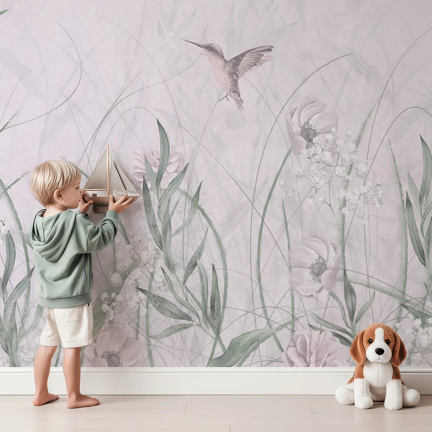 Child in front of Whimsy Tots Hummingbird Meadow Wall Mural with hummingbird, flower, wildflower, pink, painterly, bird, nature, romantic in design.