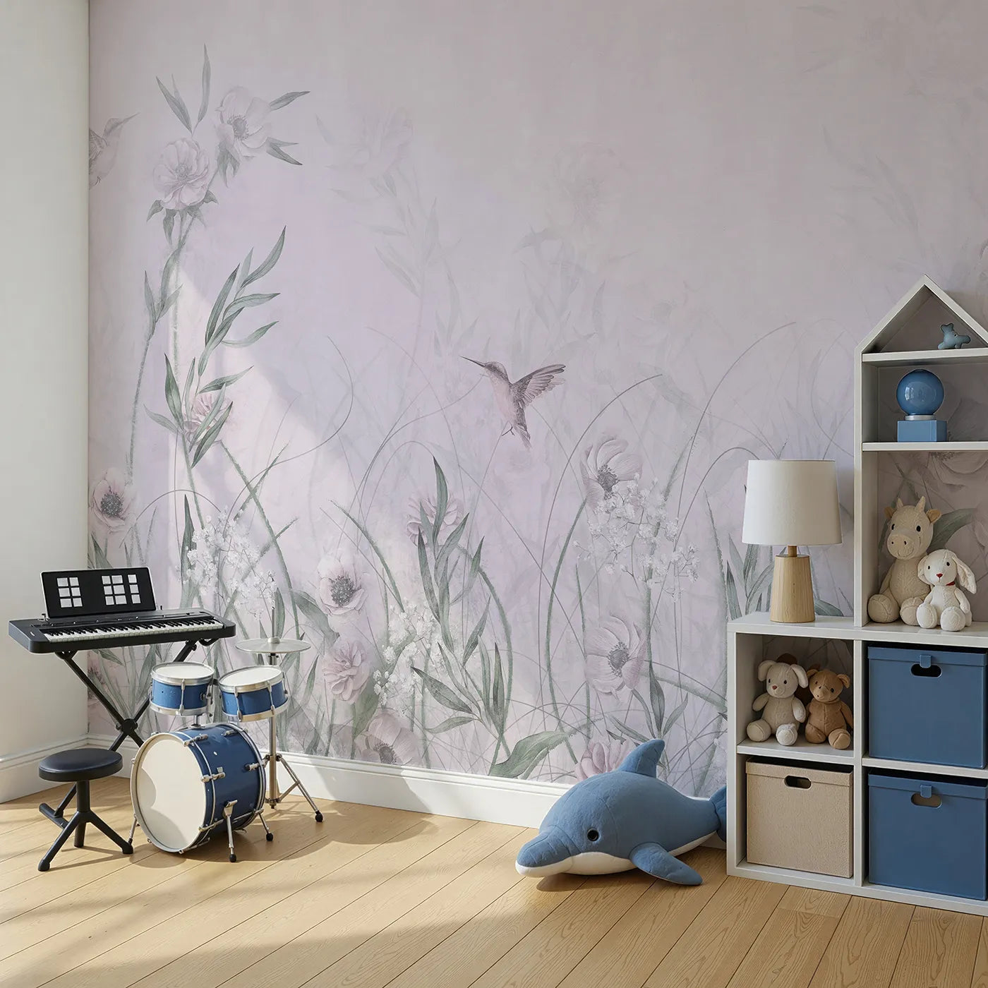 Angled view of Whimsy Tots' Hummingbird Meadow Wall Mural (Turn Their Room into a Gentle, Whispering Wildflower Field).Best for Girls