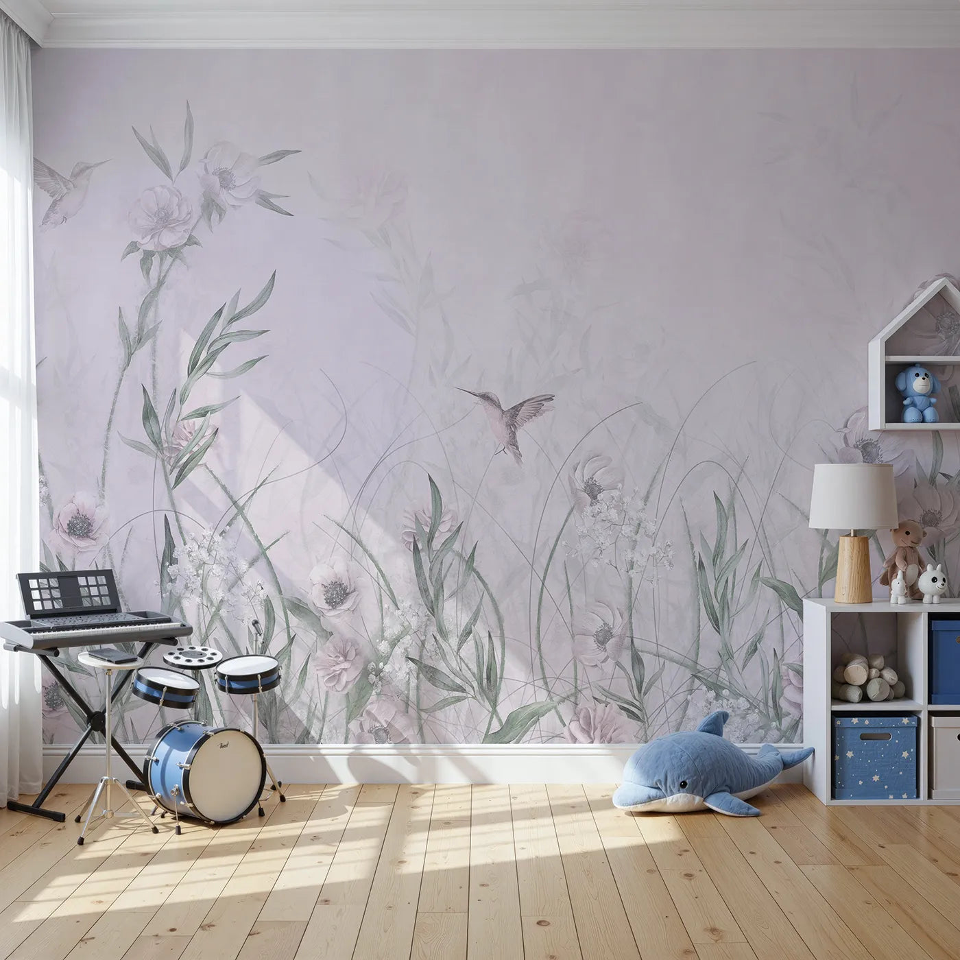 Front view of Whimsy Tots' Hummingbird Meadow Wall Mural
