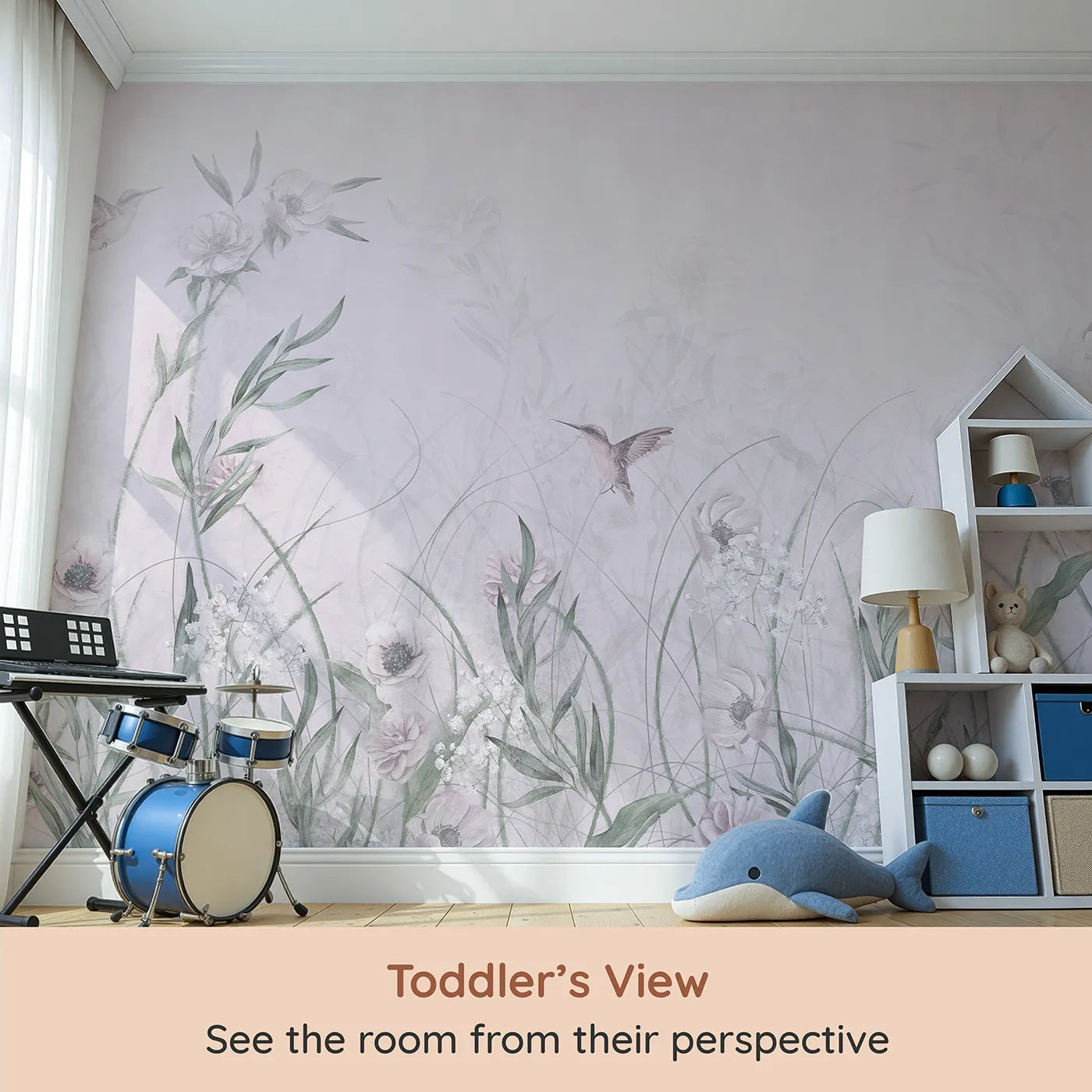 Whimsy Tots Hummingbird Meadow Wall Mural (Turn Their Room into a Gentle, Whispering Wildflower Field) from your child's view.Best for Girls