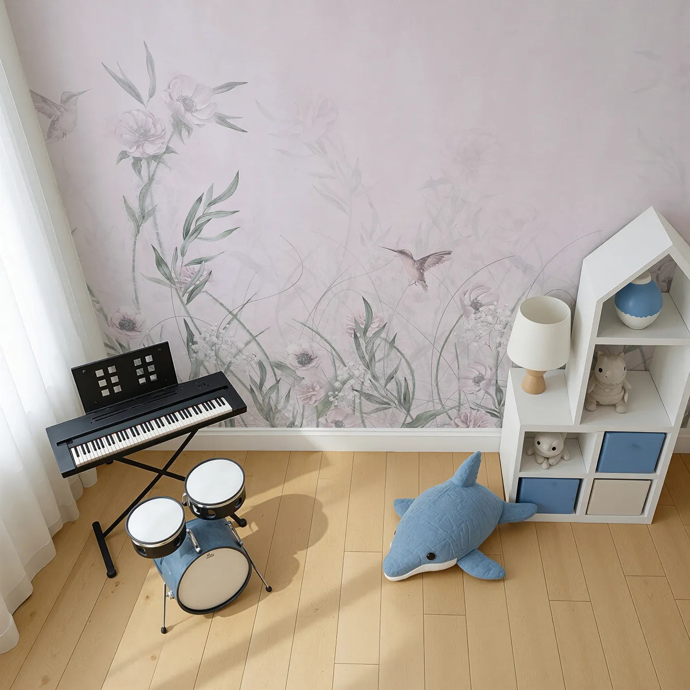 Top-down view of Whimsy Tots' Hummingbird Meadow Wall Mural (Turn Their Room into a Gentle, Whispering Wildflower Field).Best for Girls