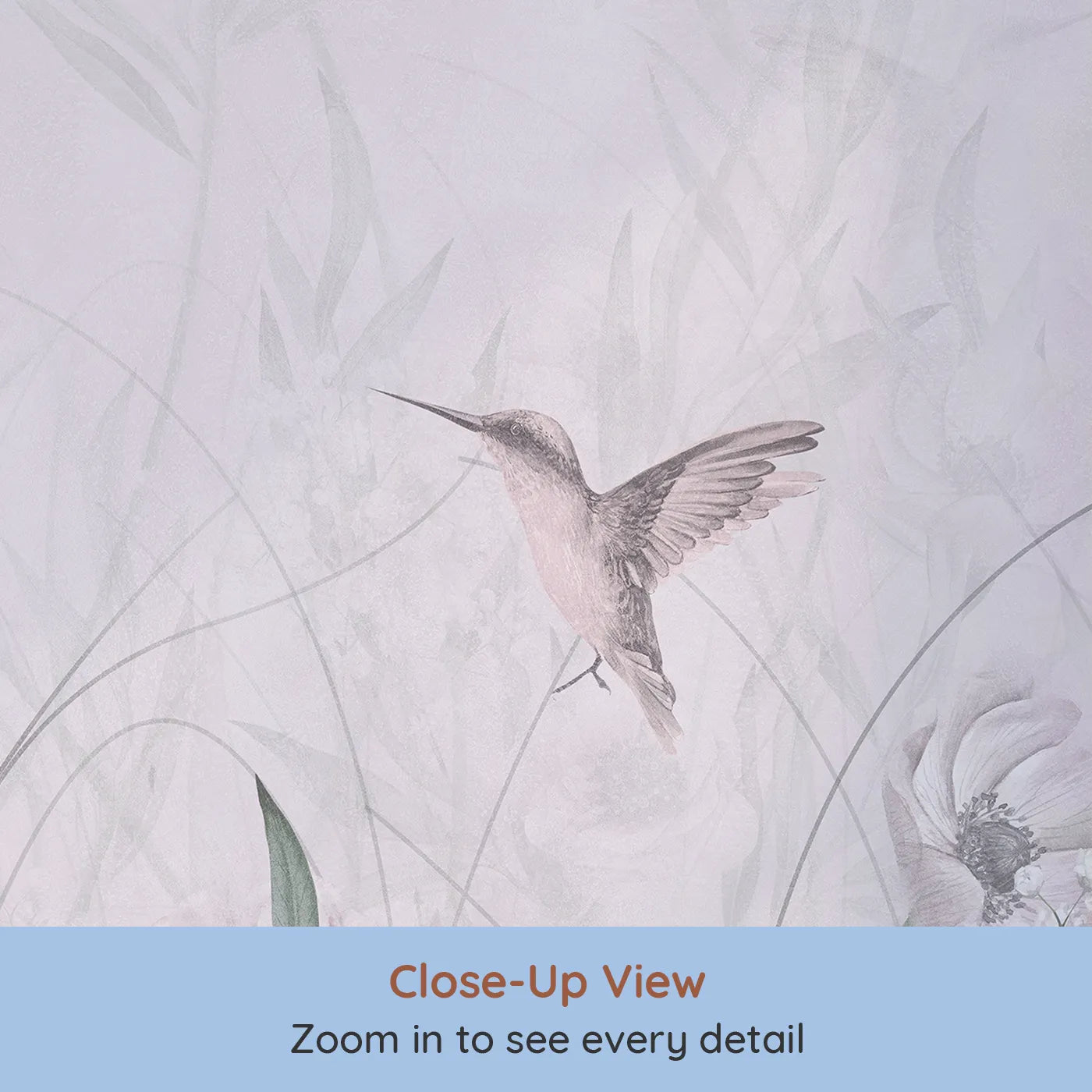 Close-up view of Whimsy Tots' Hummingbird Meadow Wall Mural (Turn Their Room into a Gentle, Whispering Wildflower Field).Best for Girls