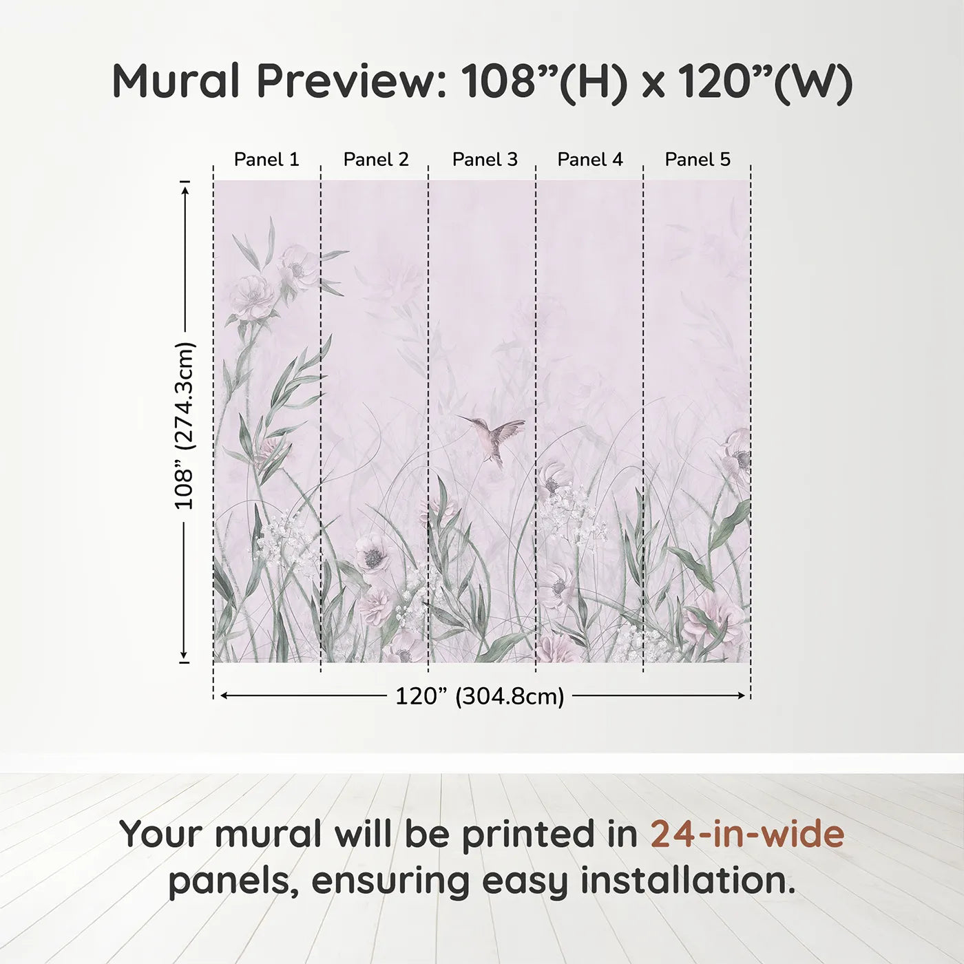 Whimsy Tots Hummingbird Meadow Wall Muraldimension view (108" H x 120" W). Printed in five 24-inch-wide panels. Best for Girls