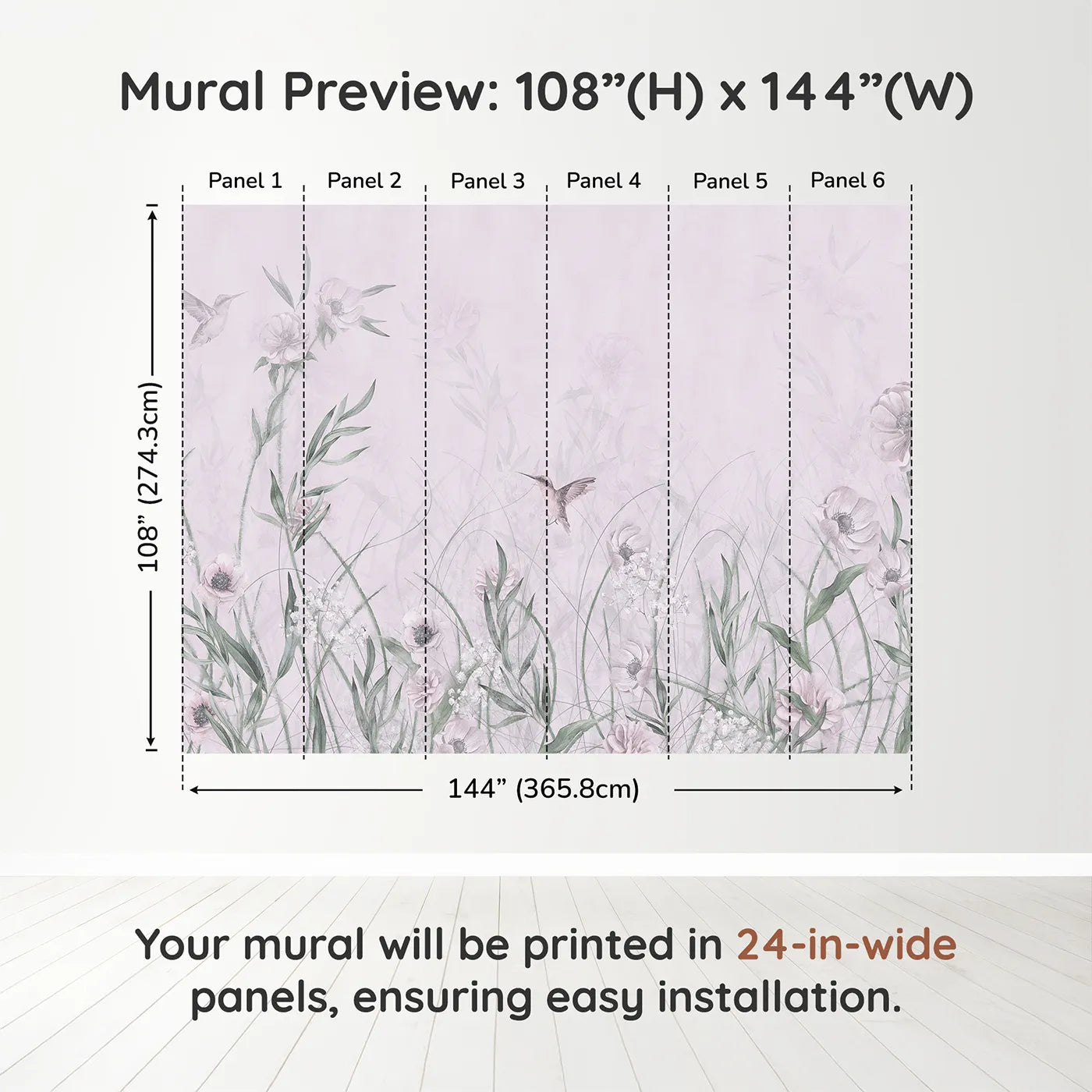 Whimsy Tots Hummingbird Meadow Wall Muraldimension view (108" H x 144" W). Printed in six 24-inch-wide panels. Best for Girls