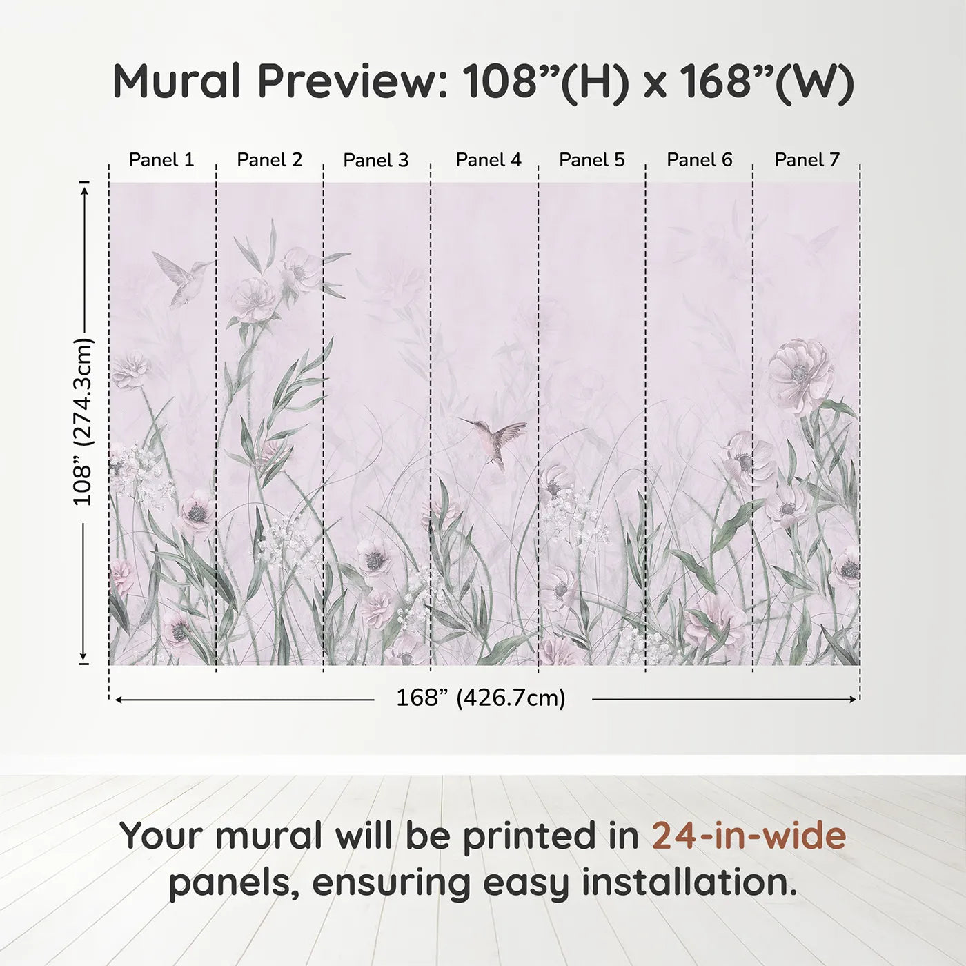 Whimsy Tots Hummingbird Meadow Wall Muraldimension view (108" H x 168" W). Printed in seven 24-inch-wide panels. Best for Girls