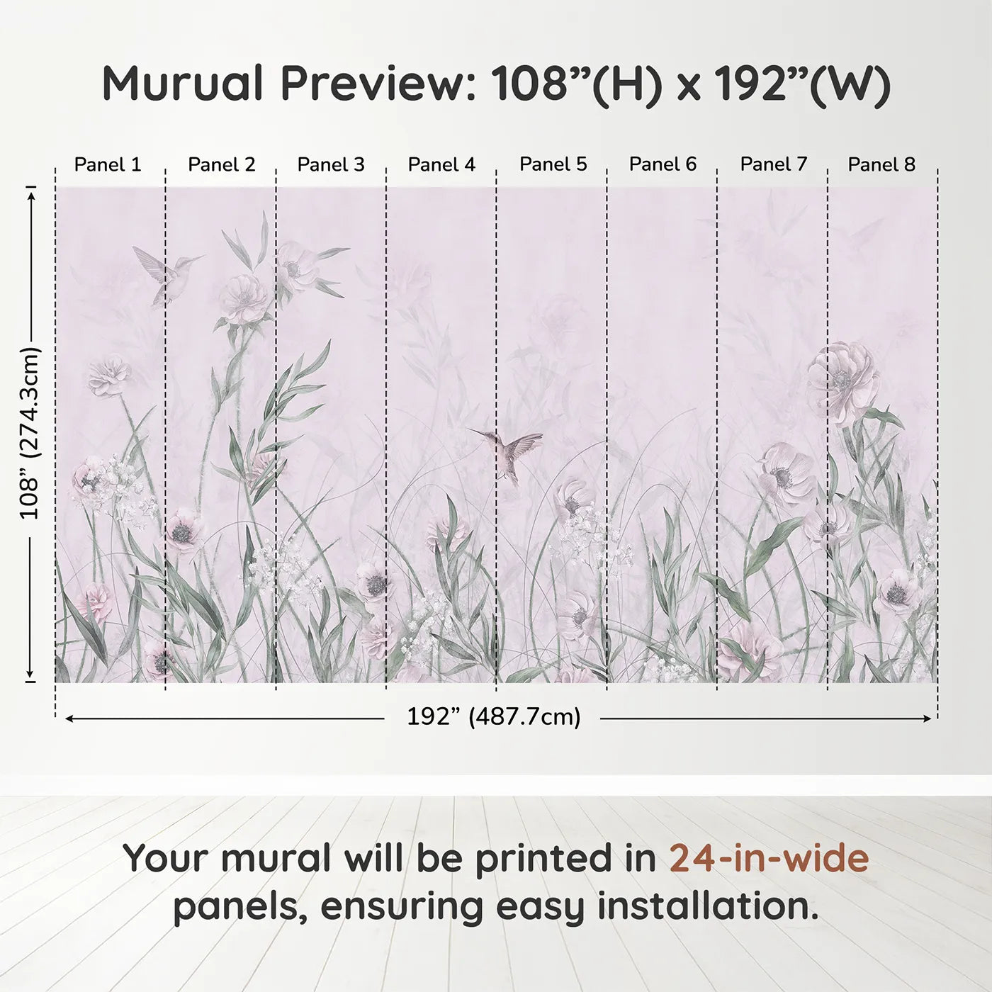 Whimsy Tots Hummingbird Meadow Wall Muraldimension view (108" H x 192" W). Printed in eight 24-inch-wide panels. Best for Girls