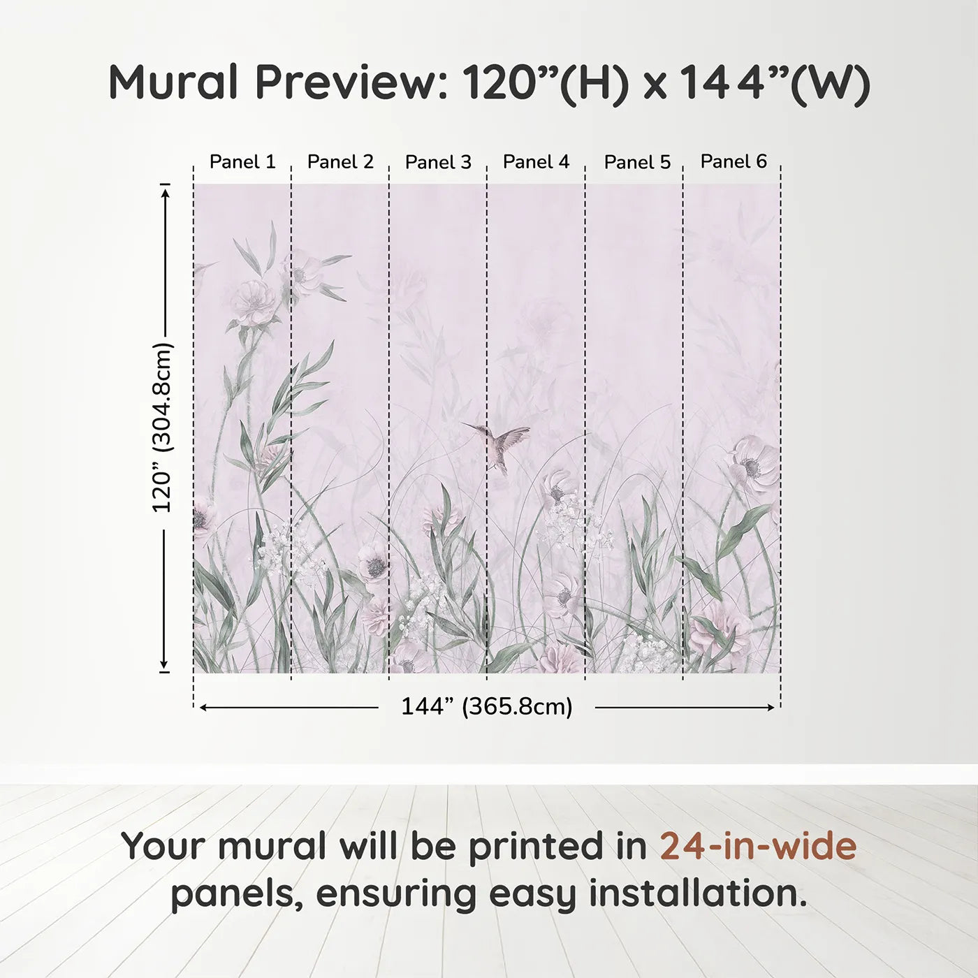 Whimsy Tots Hummingbird Meadow Wall Muraldimension view (120" H x 144" W). Printed in six 24-inch-wide panels. Best for Girls