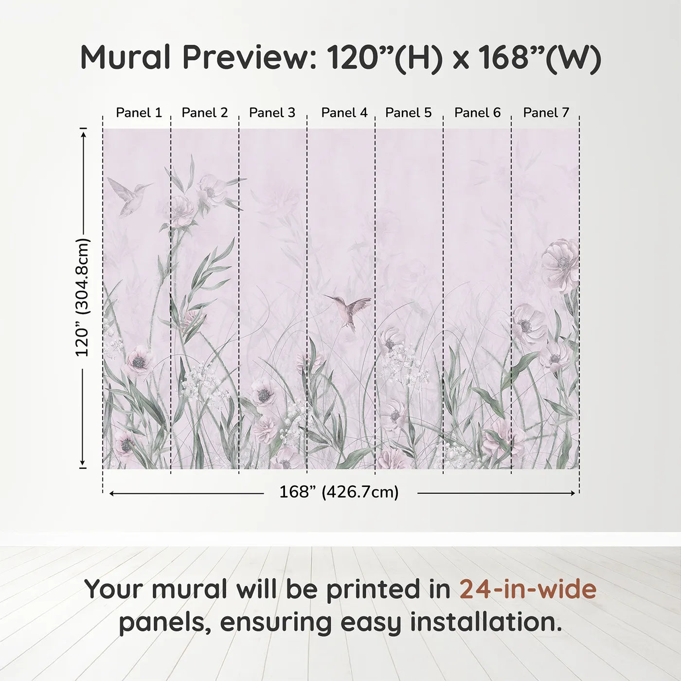 Whimsy Tots Hummingbird Meadow Wall Muraldimension view (120" H x 168" W). Printed in seven 24-inch-wide panels. Best for Girls