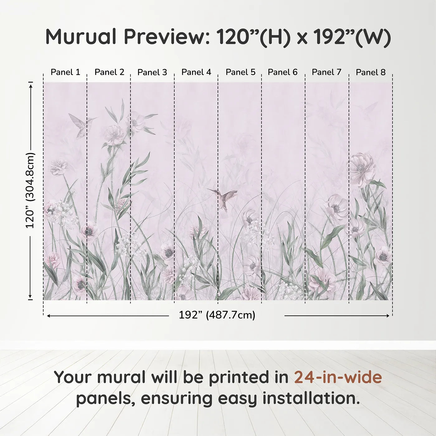 Whimsy Tots Hummingbird Meadow Wall Muraldimension view (120" H x 192" W). Printed in eight 24-inch-wide panels. Best for Girls