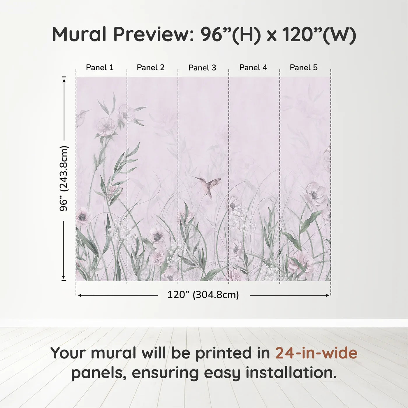 Whimsy Tots Hummingbird Meadow Wall Muraldimension view (96" H x 120" W). Printed in five 24-inch-wide panels. Best for Girls