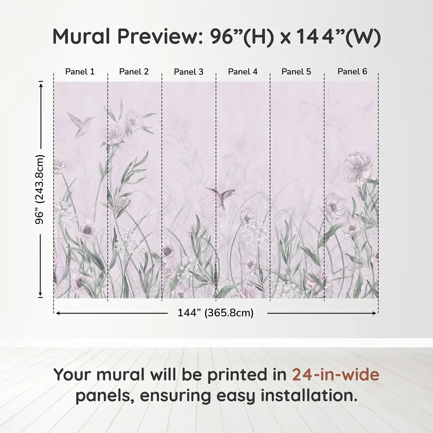 Whimsy Tots Hummingbird Meadow Wall Muraldimension view (96" H x 144" W). Printed in six 24-inch-wide panels. Best for Girls