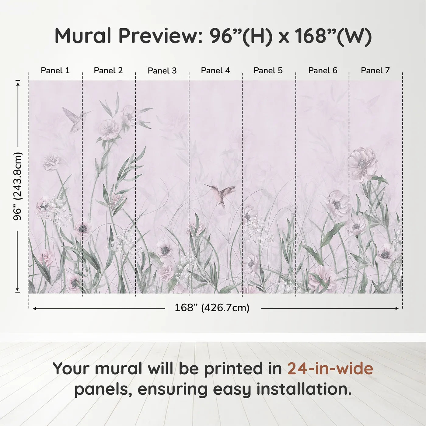 Whimsy Tots Hummingbird Meadow Wall Muraldimension view (96" H x 168" W). Printed in seven 24-inch-wide panels. Best for Girls