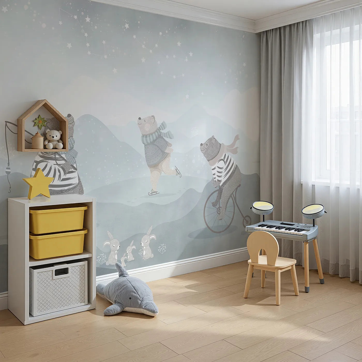 Angled view of Whimsy Tots' Winter Games in the Woods Wall Mural (Turn Their Room into a Whimsical Winter Playground).Gender-Neutral