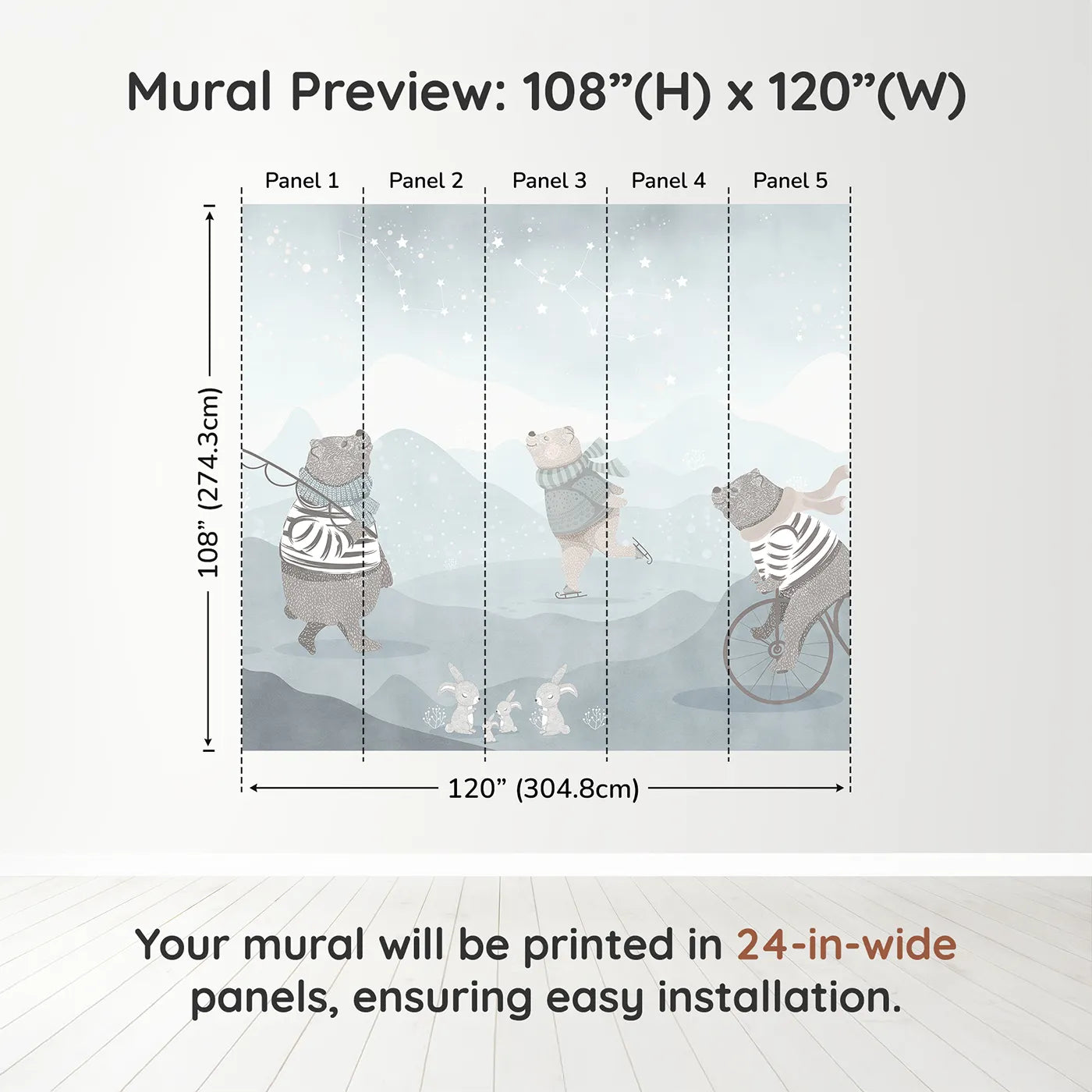 Whimsy Tots Winter Games in the Woods Wall Muraldimension view (108" H x 120" W). Printed in five 24-inch-wide panels. Gender-Neutral