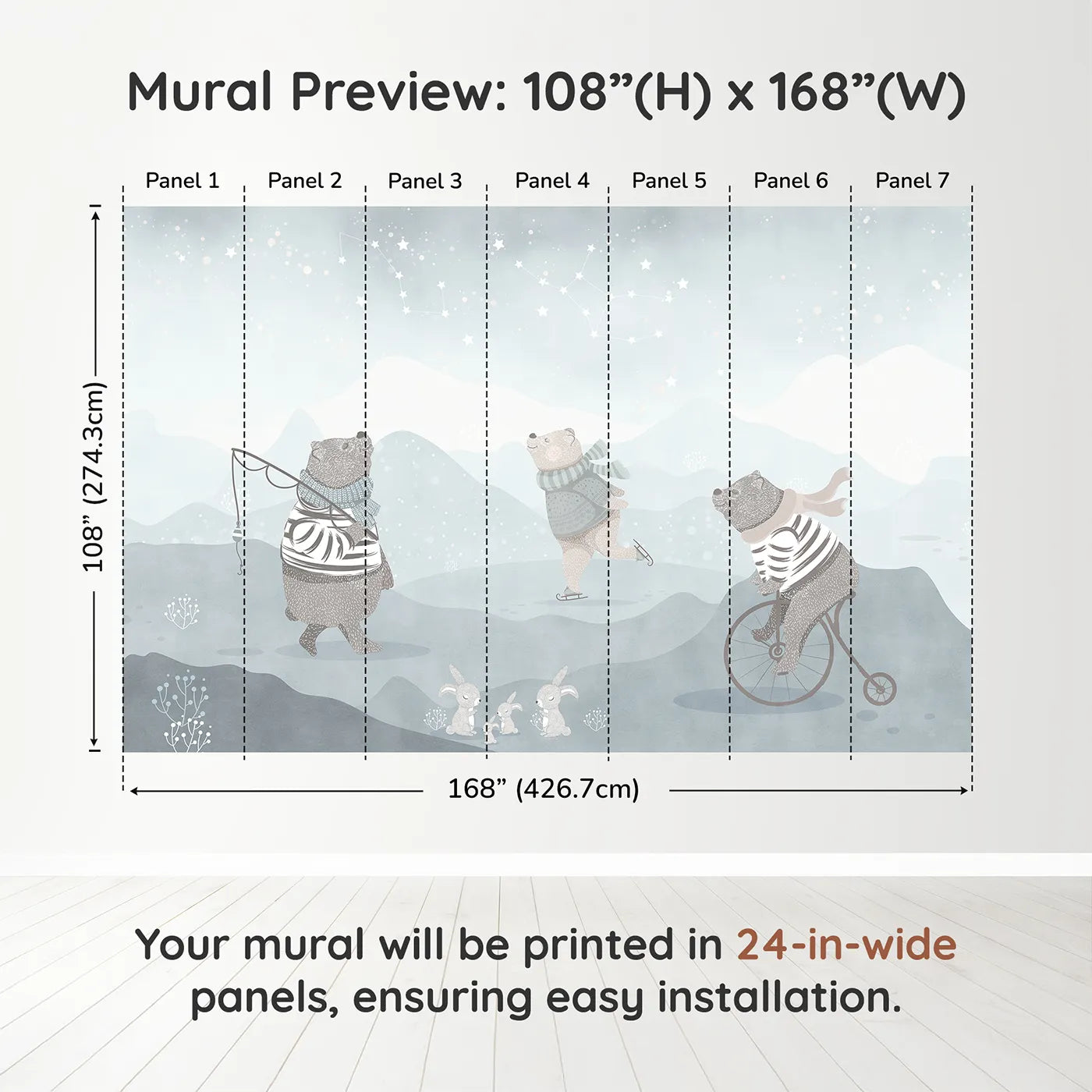 Whimsy Tots Winter Games in the Woods Wall Muraldimension view (108" H x 168" W). Printed in seven 24-inch-wide panels. Gender-Neutral