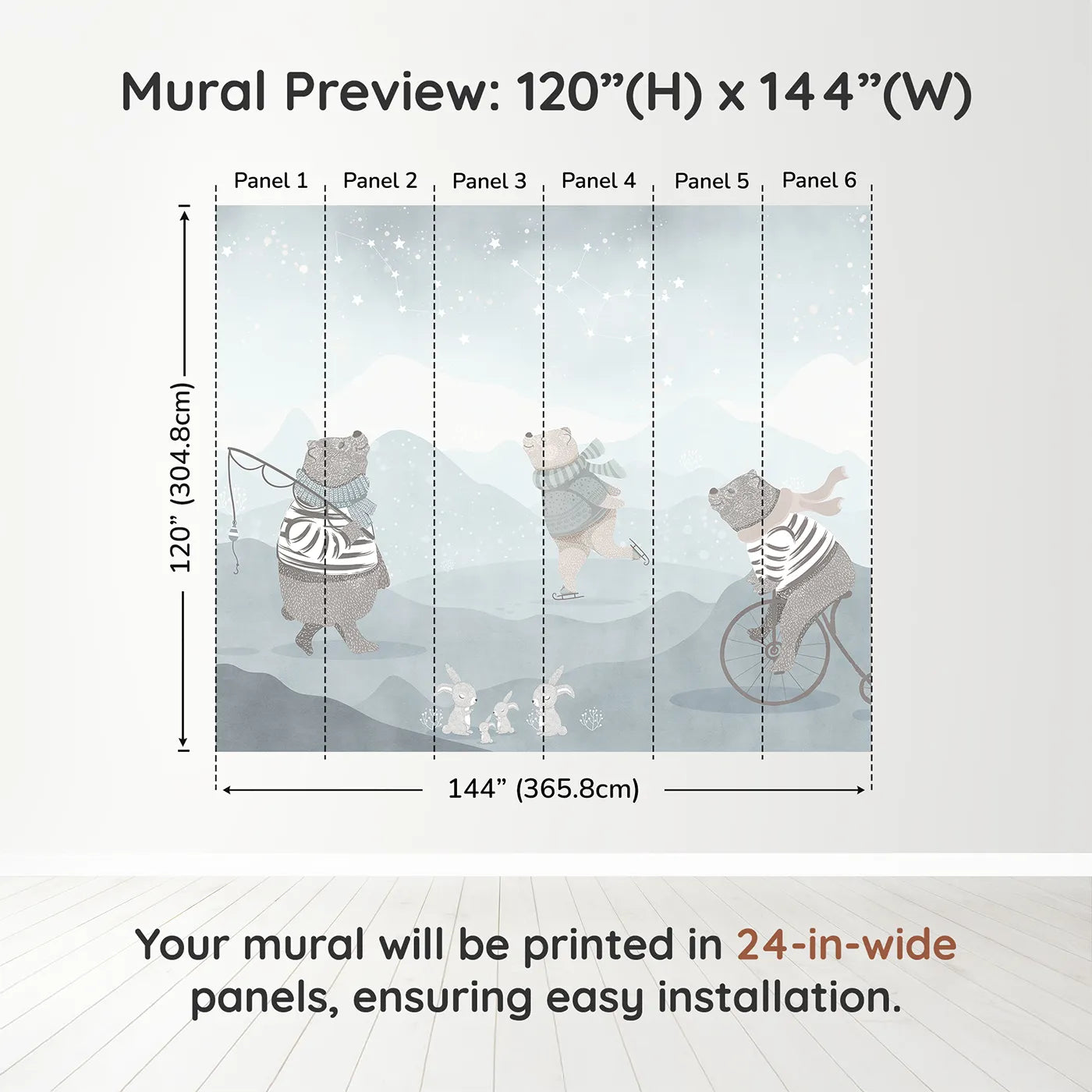 Whimsy Tots Winter Games in the Woods Wall Muraldimension view (120" H x 144" W). Printed in six 24-inch-wide panels. Gender-Neutral