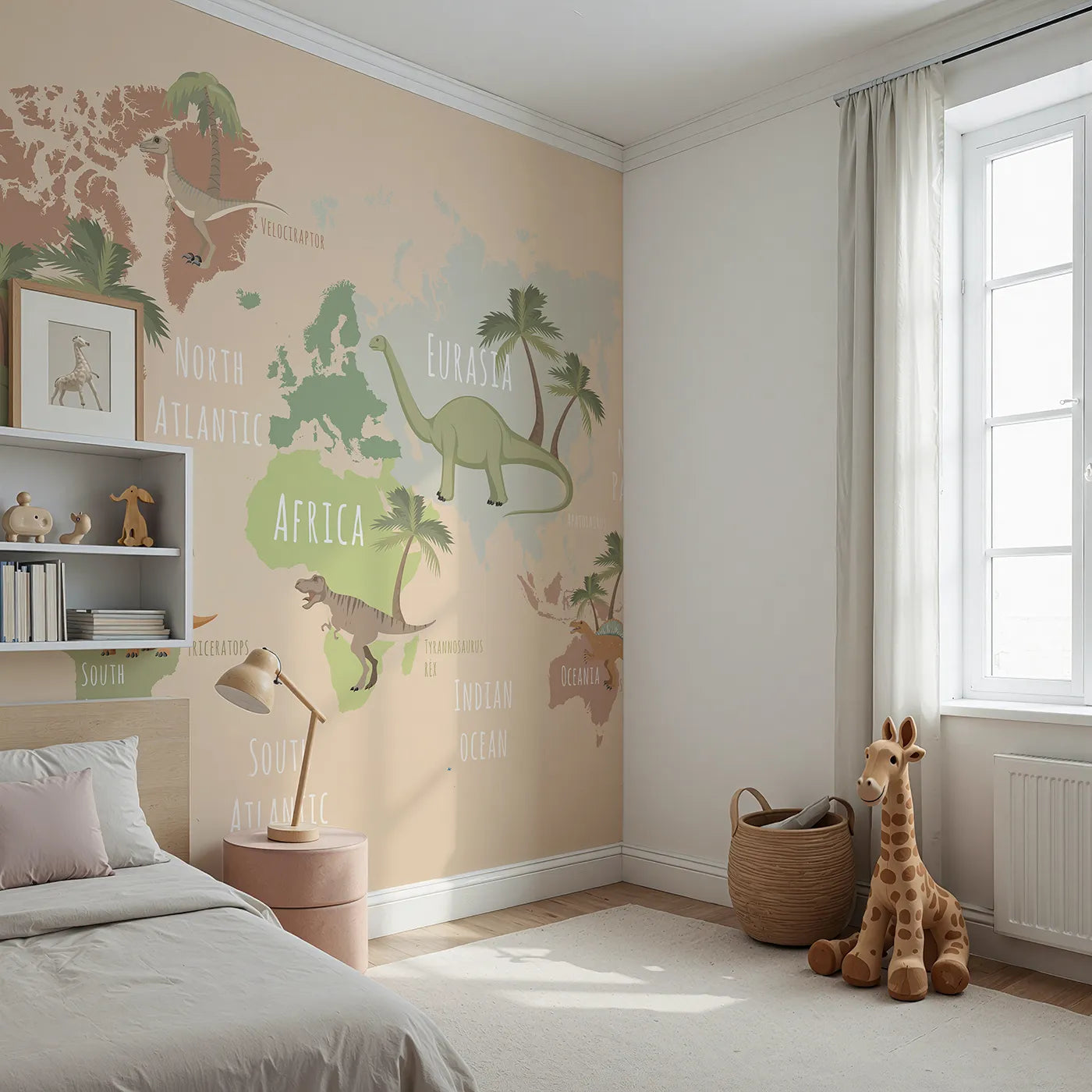 Angled view of Whimsy Tots' Neutral Dinosaur World Map Wall Mural (Turn Their Room into a Stylish Prehistoric Planet).Gender-Neutral