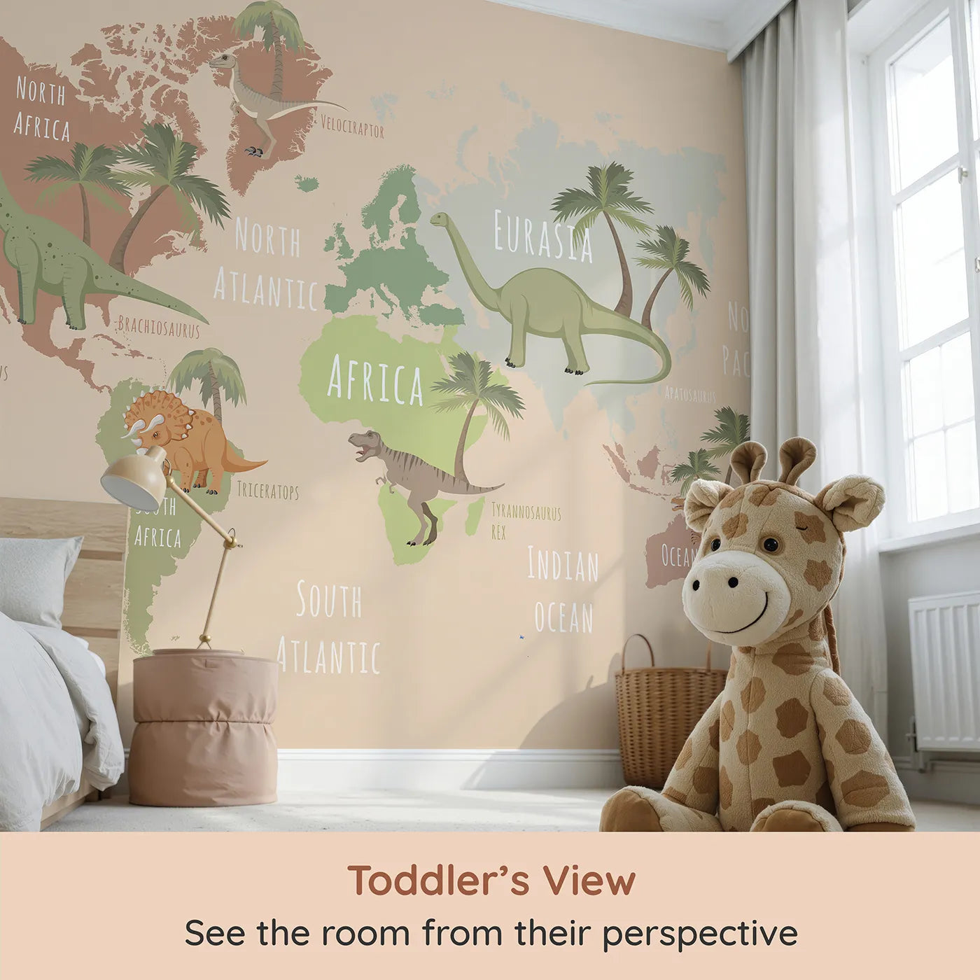 Whimsy Tots Neutral Dinosaur World Map Wall Mural (Turn Their Room into a Stylish Prehistoric Planet) from your child's view.Gender-Neutral